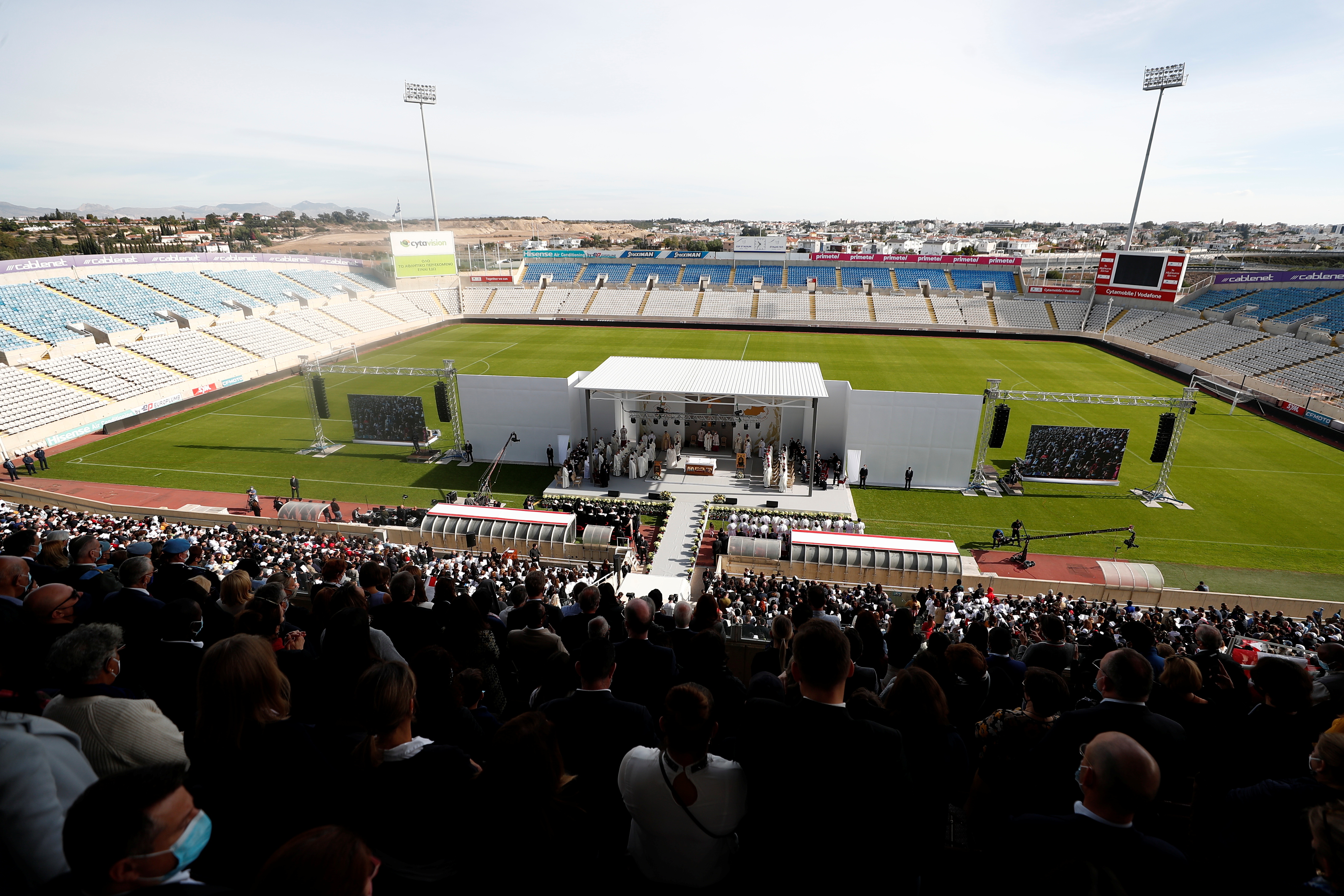 Pope Francis leads Holy Mass at the GSP Stadium, in Nicosia, Cyprus, December 3, 2021. REUTERS/Guglielmo Mangiapane
