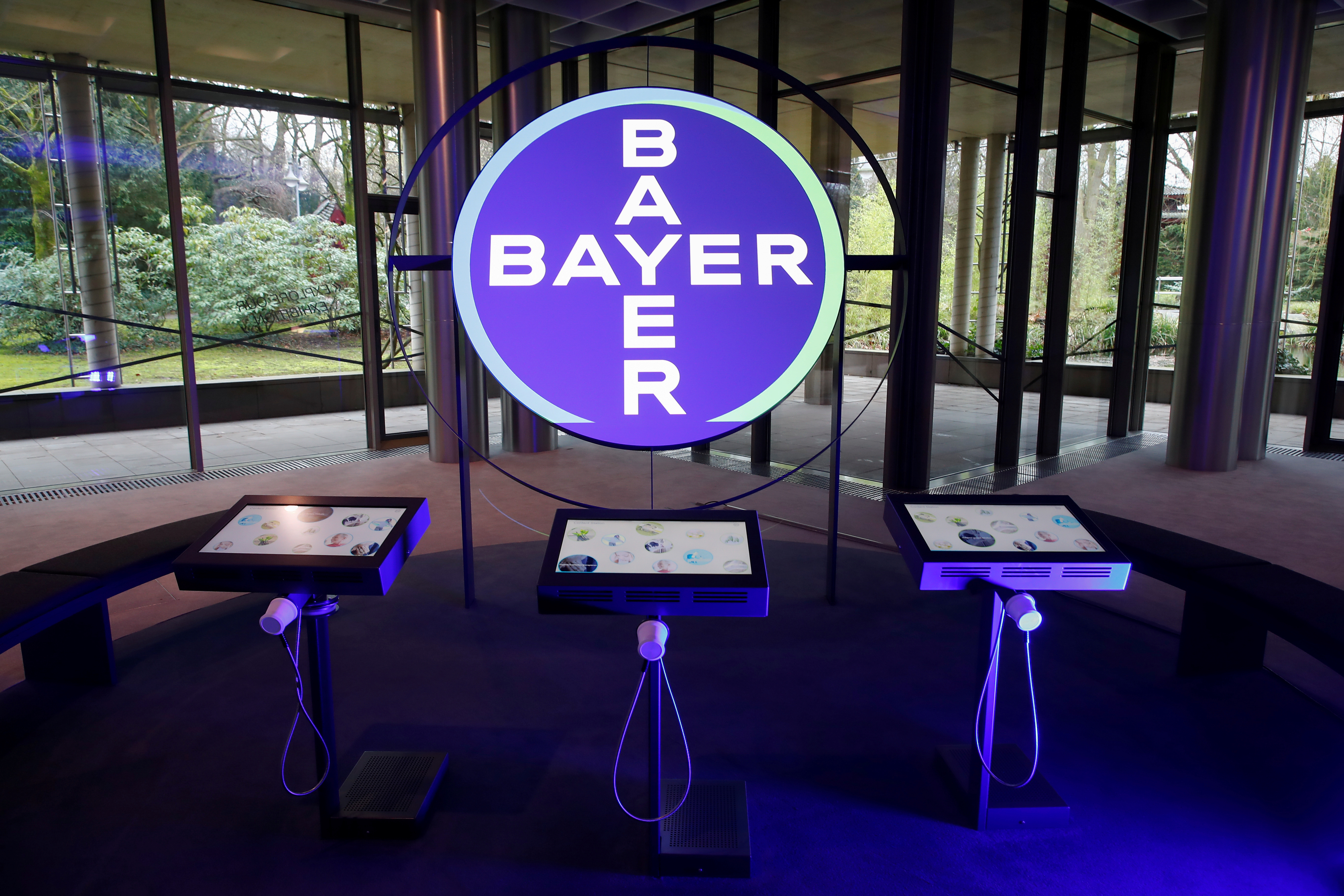 The logo of Bayer AG is seen in a showroom of the German drugmaker where the annual results news conference takes place in Leverkusen, Germany February 27, 2020.    REUTERS/Wolfgang Rattay 