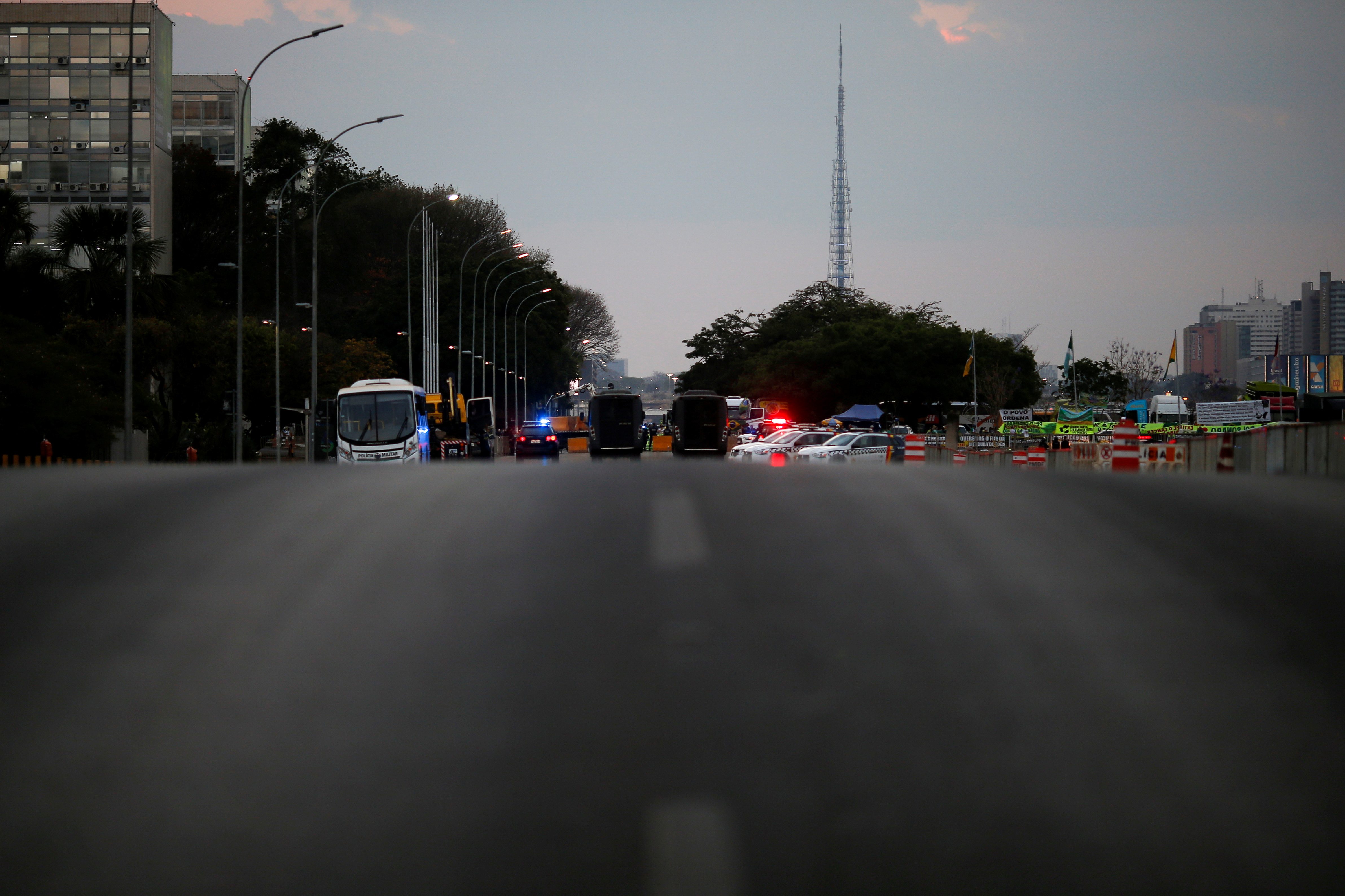 Police blockade to bar Access to the Brazil's Supreme Court headquarters for the truck drivers and supporters of the Brazil's President Jair Bolsonaro