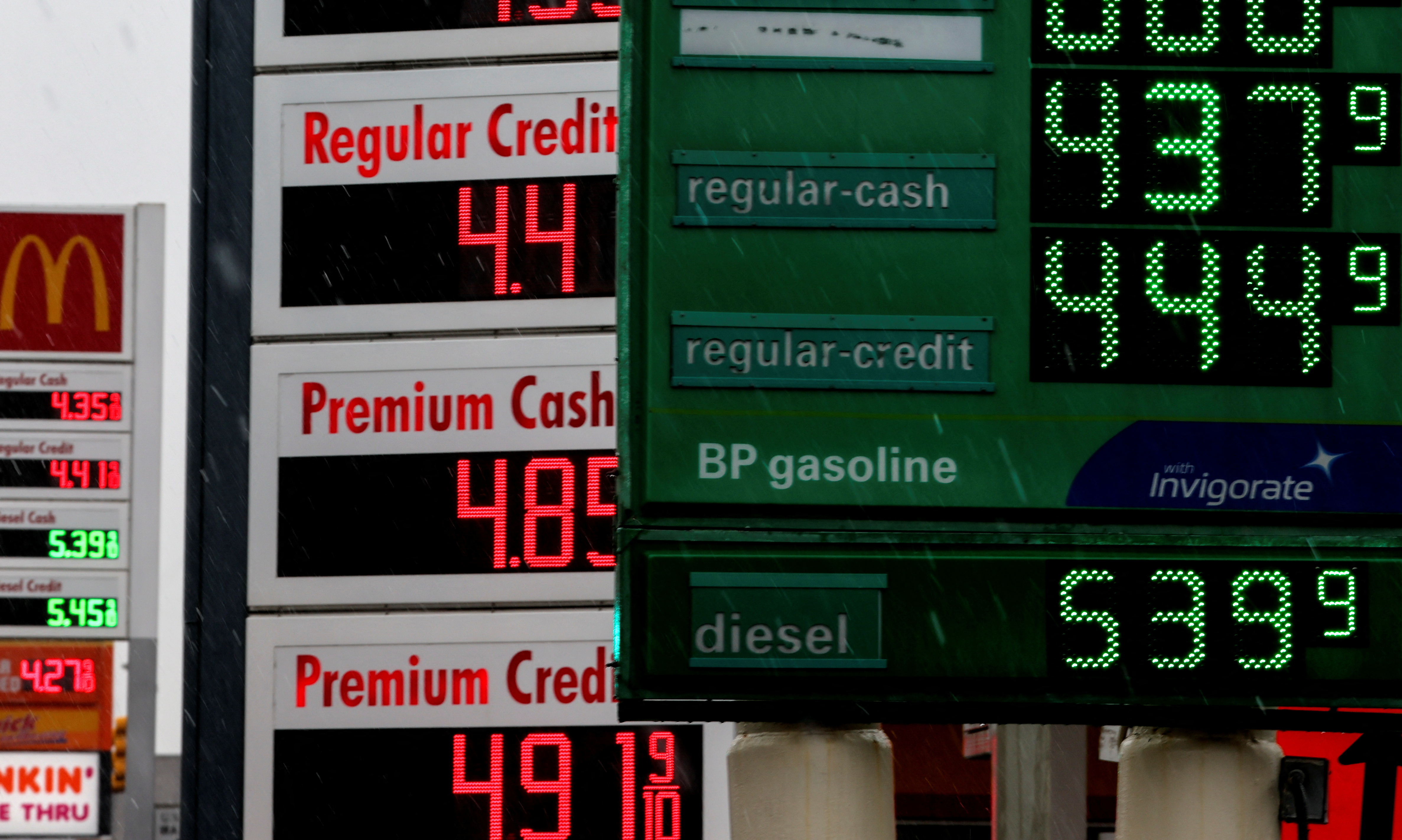 Gasoline prices are displayed at gas stations in Jersey City, New Jersey