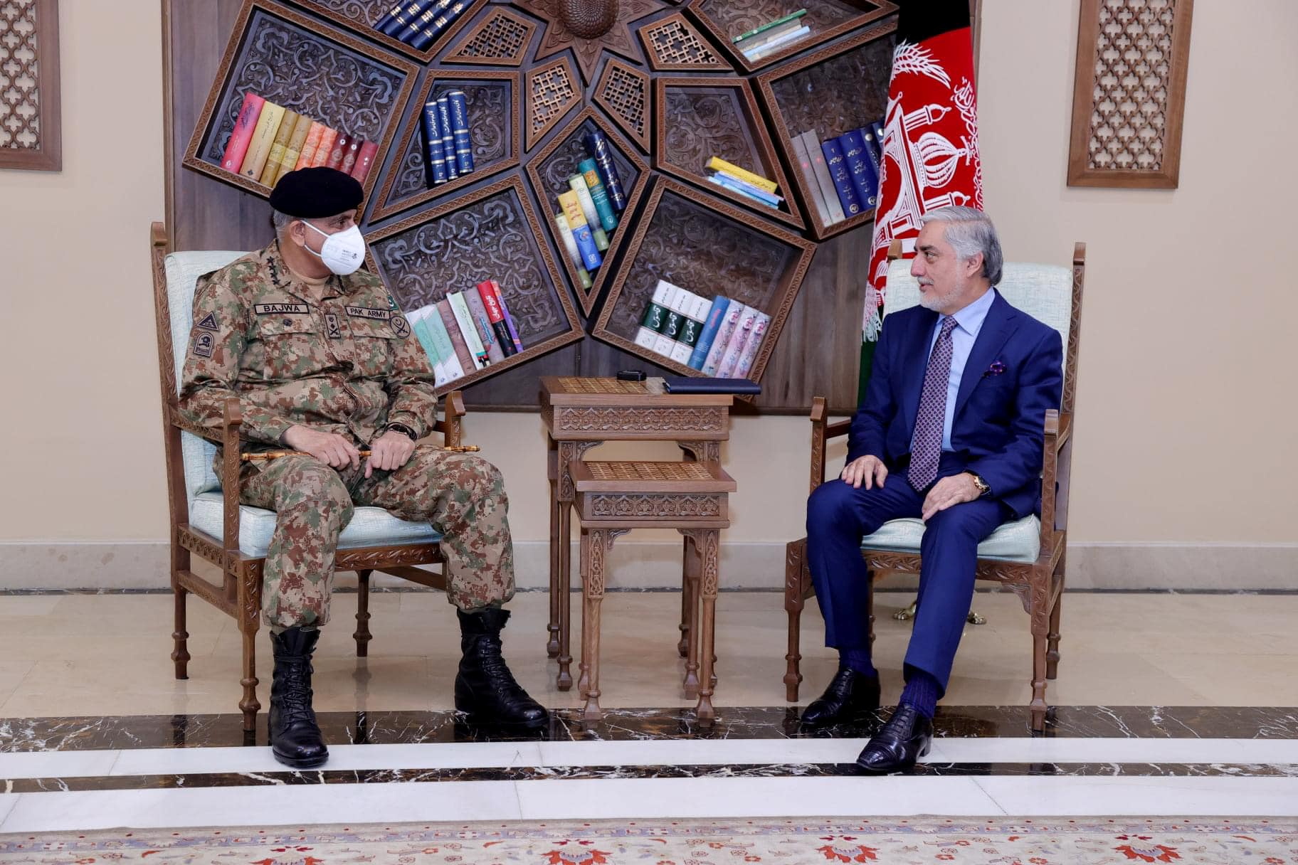 Chairman of the High Council for National Reconciliation Abdullah Abdullah meets with Pakistan's Army Chief of Staff General Qamar Javed Bajwa, in Kabul