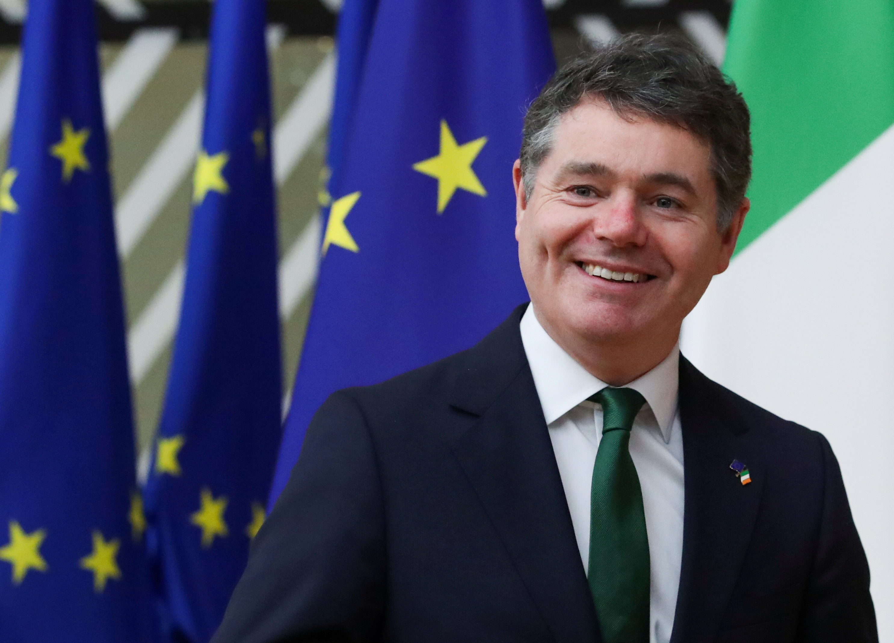 Irish Finance Minister Paschal Donohoe arrives at the EU council headquarters in Brussels