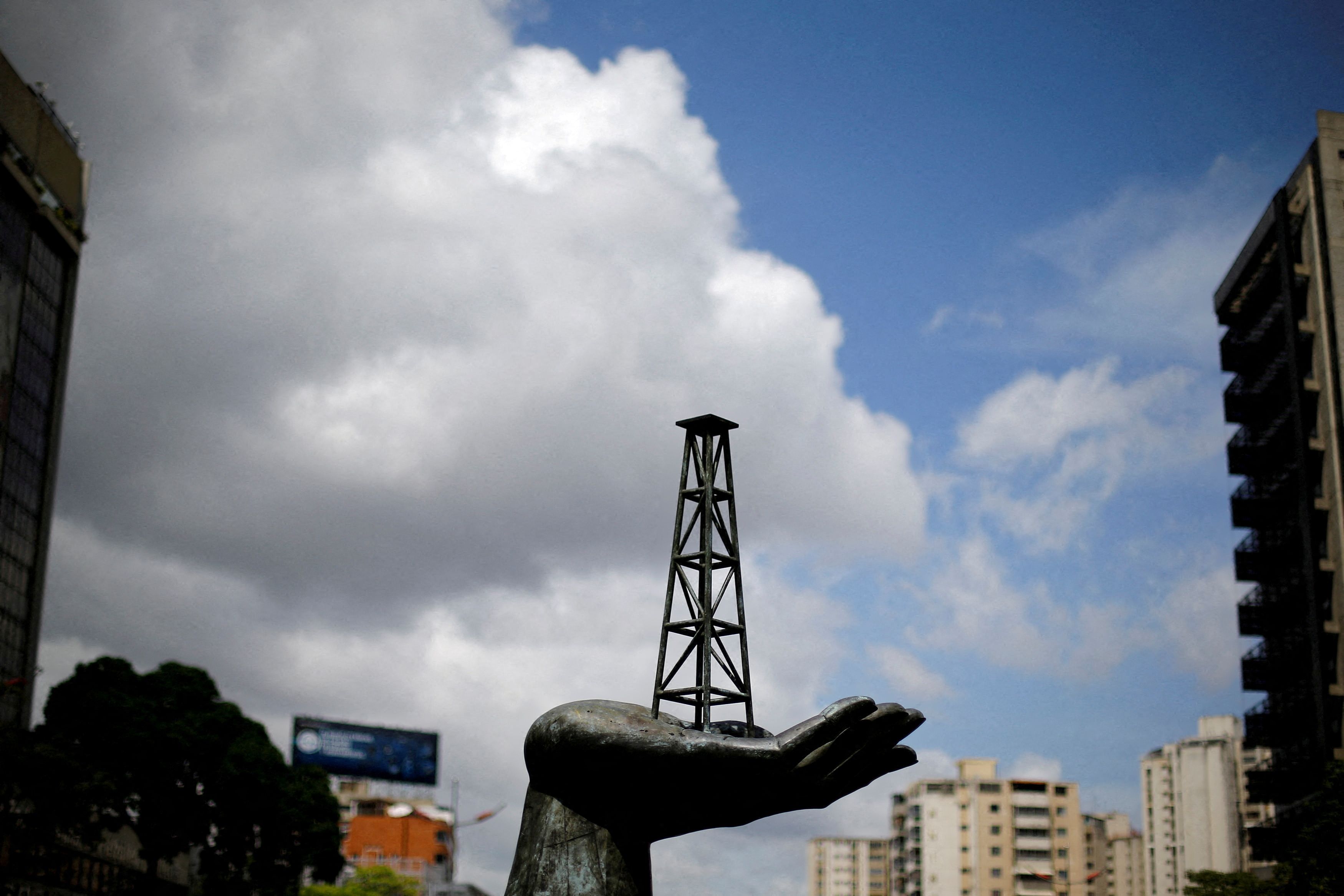 A sculpture is seen outside a building of Venezuela's state oil company PDVSA in Caracas