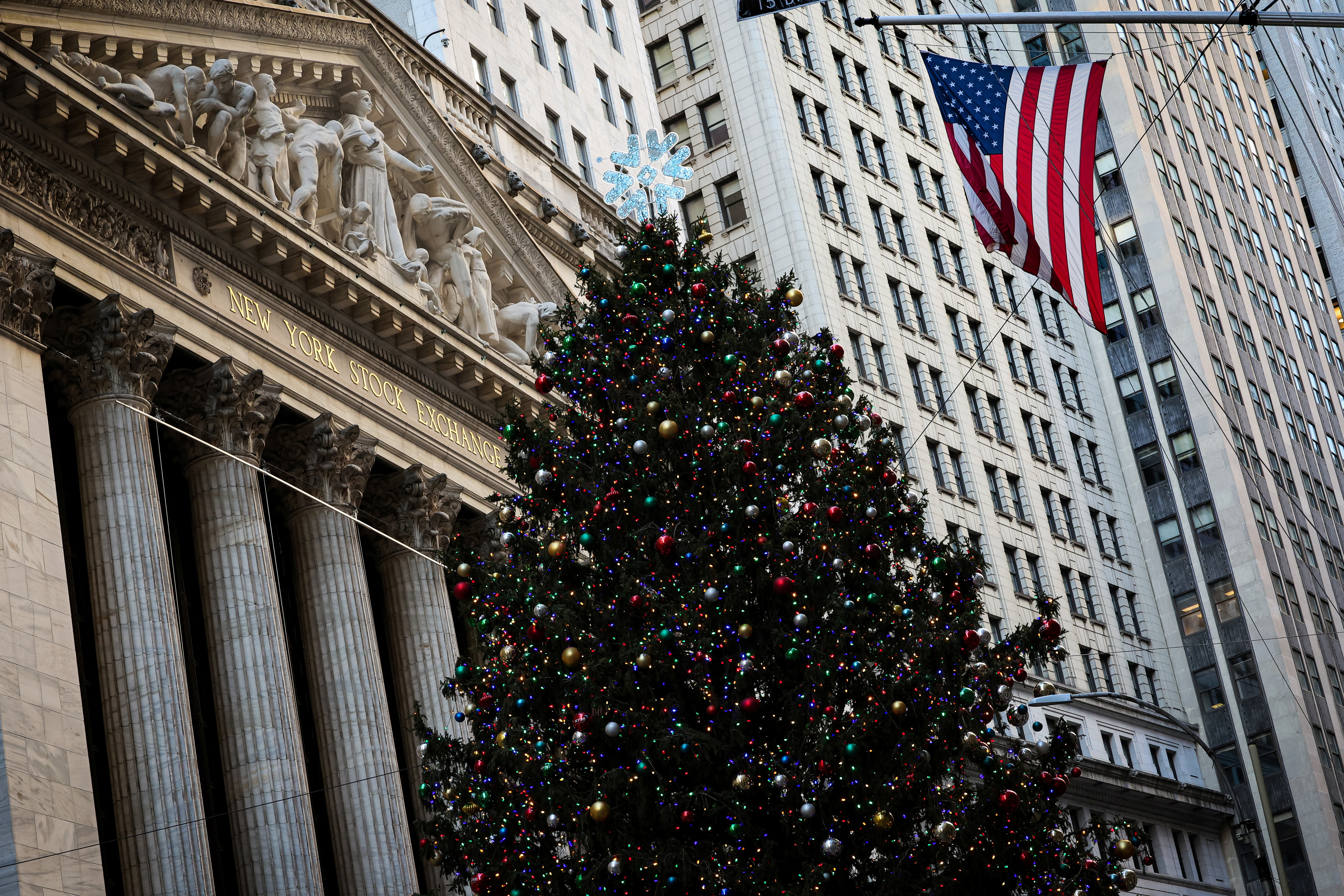 A Christmas tree is seen outside of the NYSE in New York
