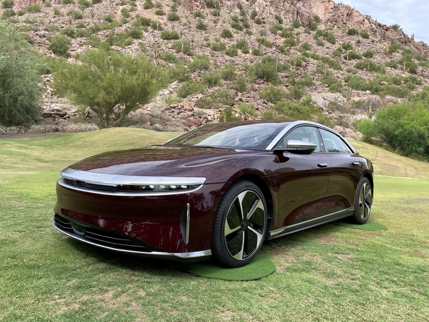 A Lucid Air electric vehicle is displayed in Scottsdale, Arizona