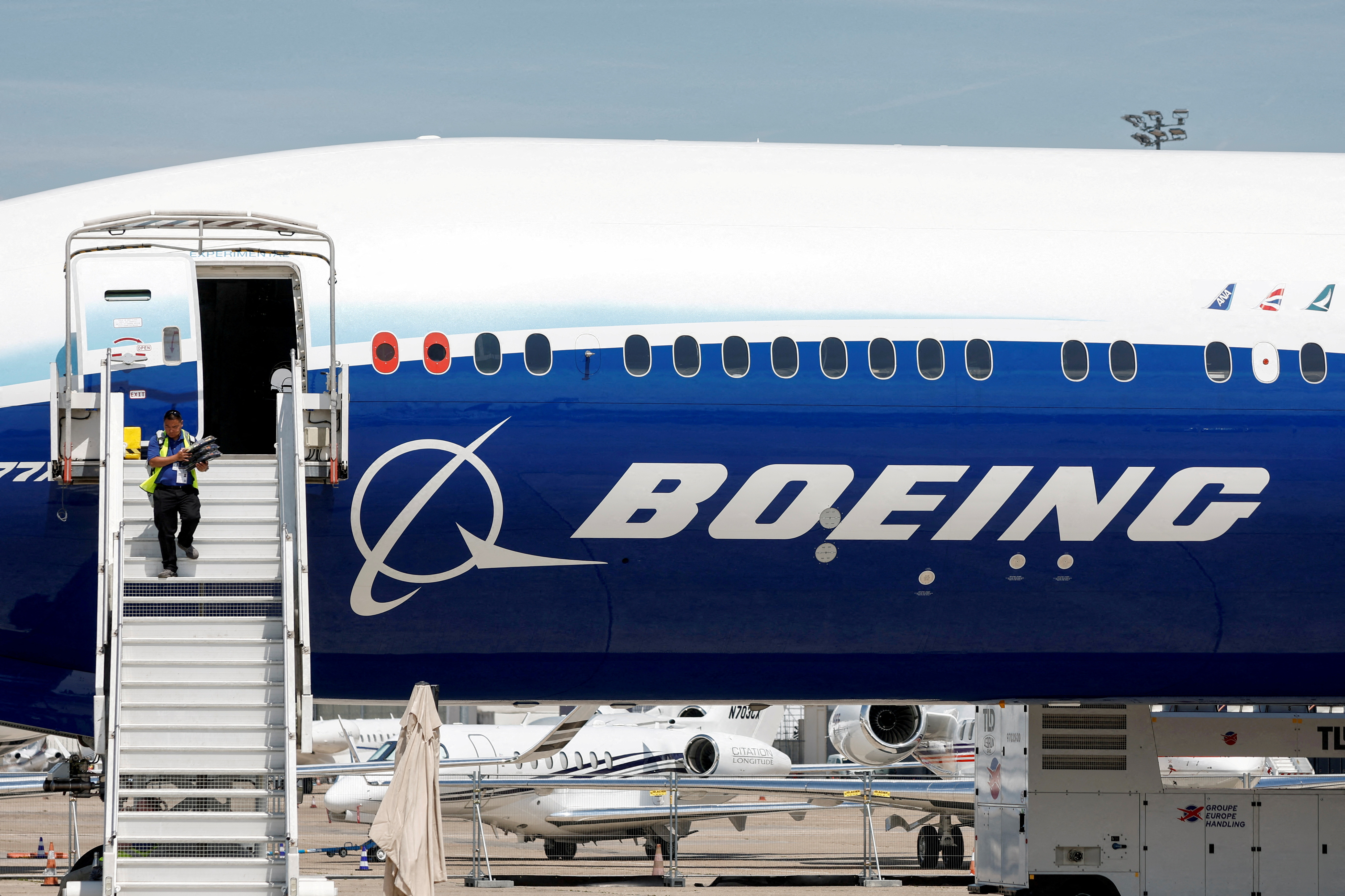 Boeing's logo is seen at Le Bourget Airport near Paris