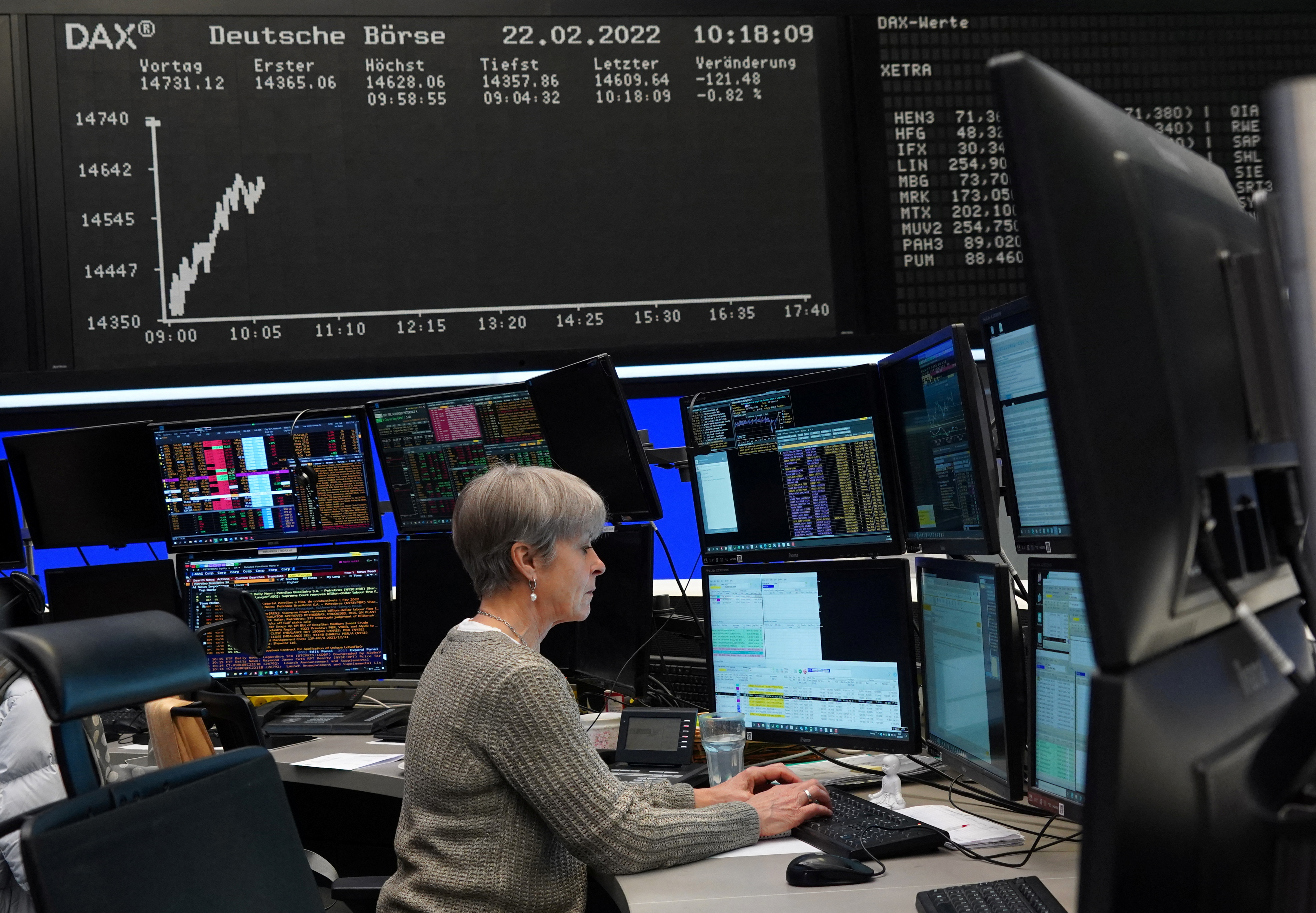 A trader works at the Frankfurt stock exchange in Frankfurt, Germany, February 22, 2022. REUTERS/Timm Reichert