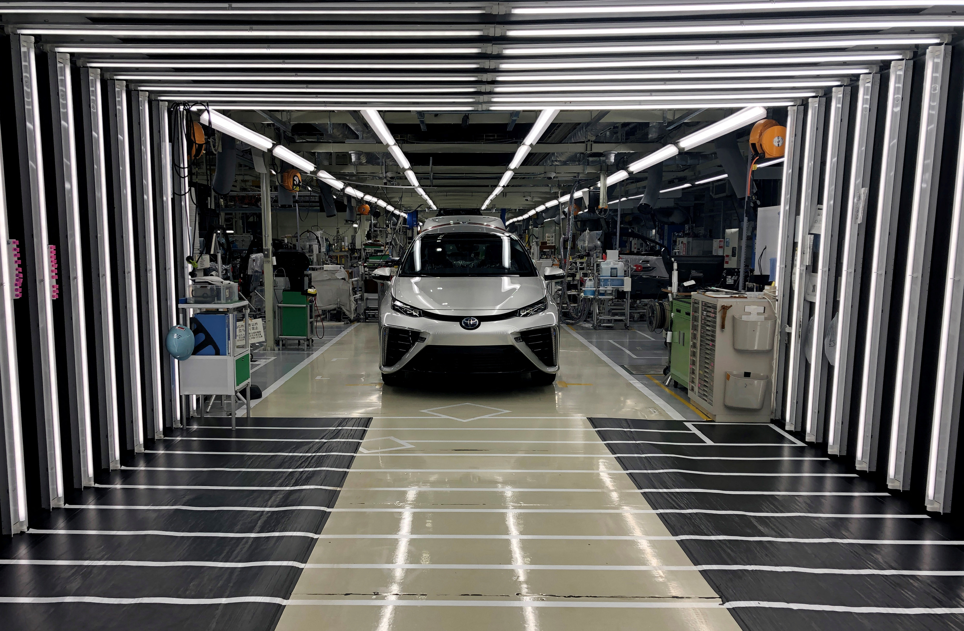 A Toyota Mirai fuel cell vehicle awaits final inspection at a Toyota Motor Corp. factory in Toyota