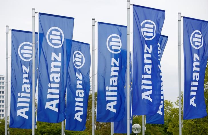 Flags with the logo of Allianz SE, Europe's biggest insurer, are pictured before the company's annual shareholders' meeting in Munich