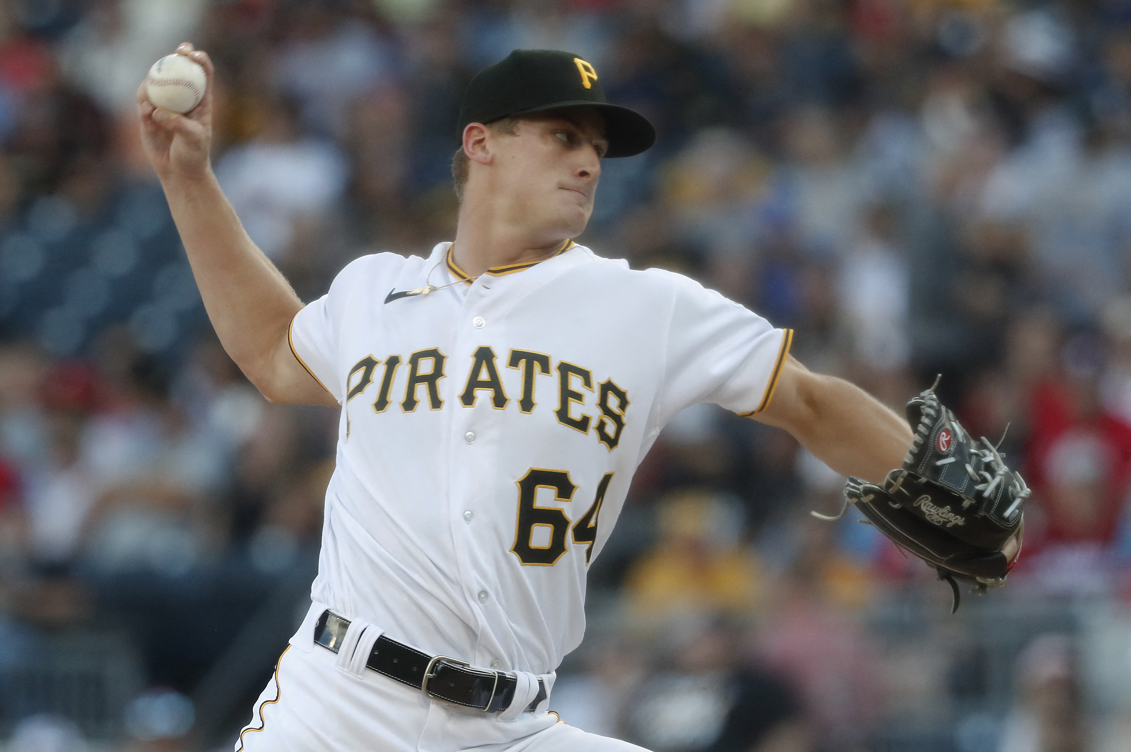 Pittsburgh Pirates Endy Rodriguez (25) bats during a spring training  baseball game against the Philadelphia Phillies on February 27, 2023 at  LECOM Park in Bradenton, Florida. (Mike Janes/Four Seam Images via AP