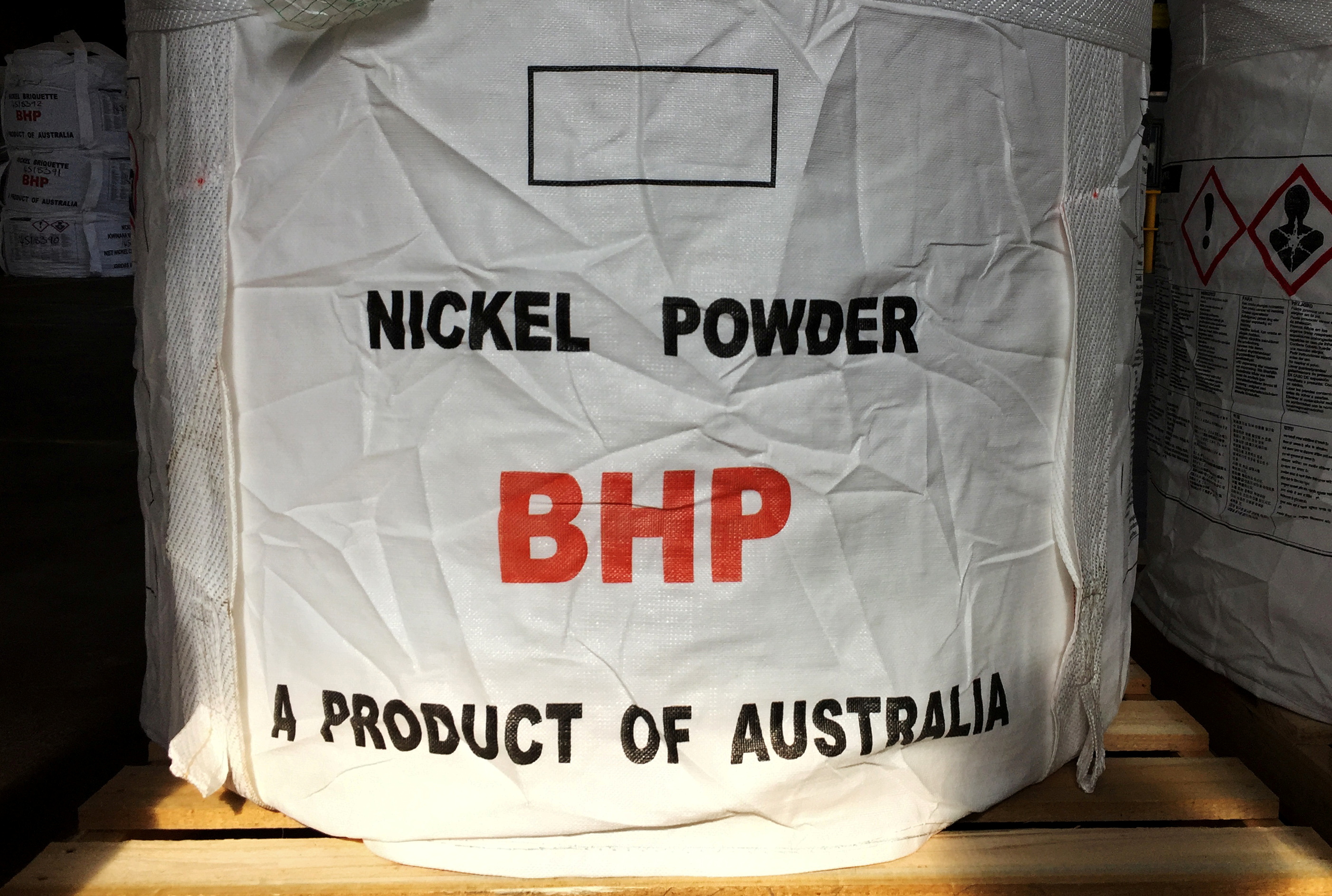 A tonne of nickel powder made by BHP Group sits in a warehouse at its Nickel West division, south of Perth