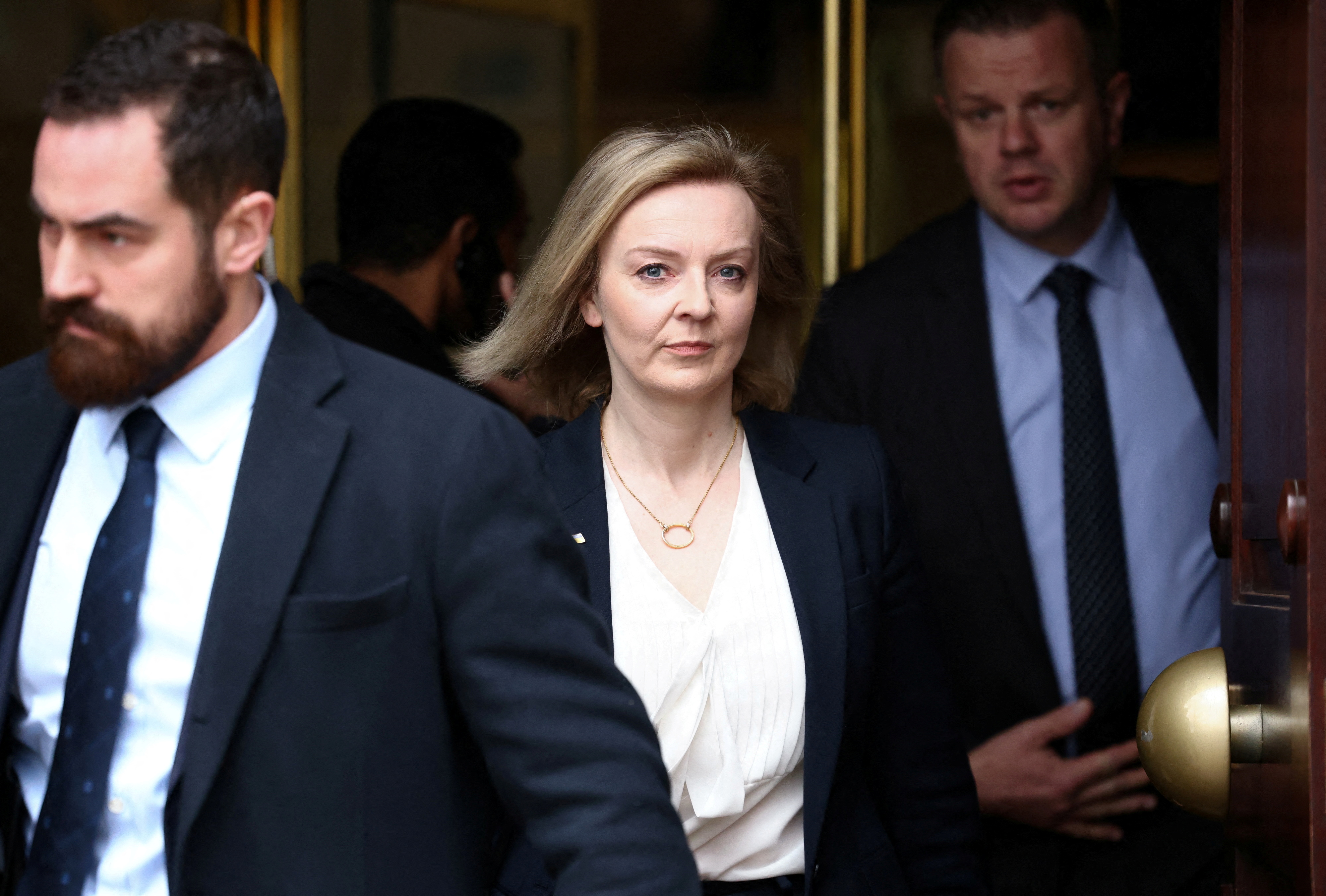 British Foreign Secretary Liz Truss leaves a television studio in central London