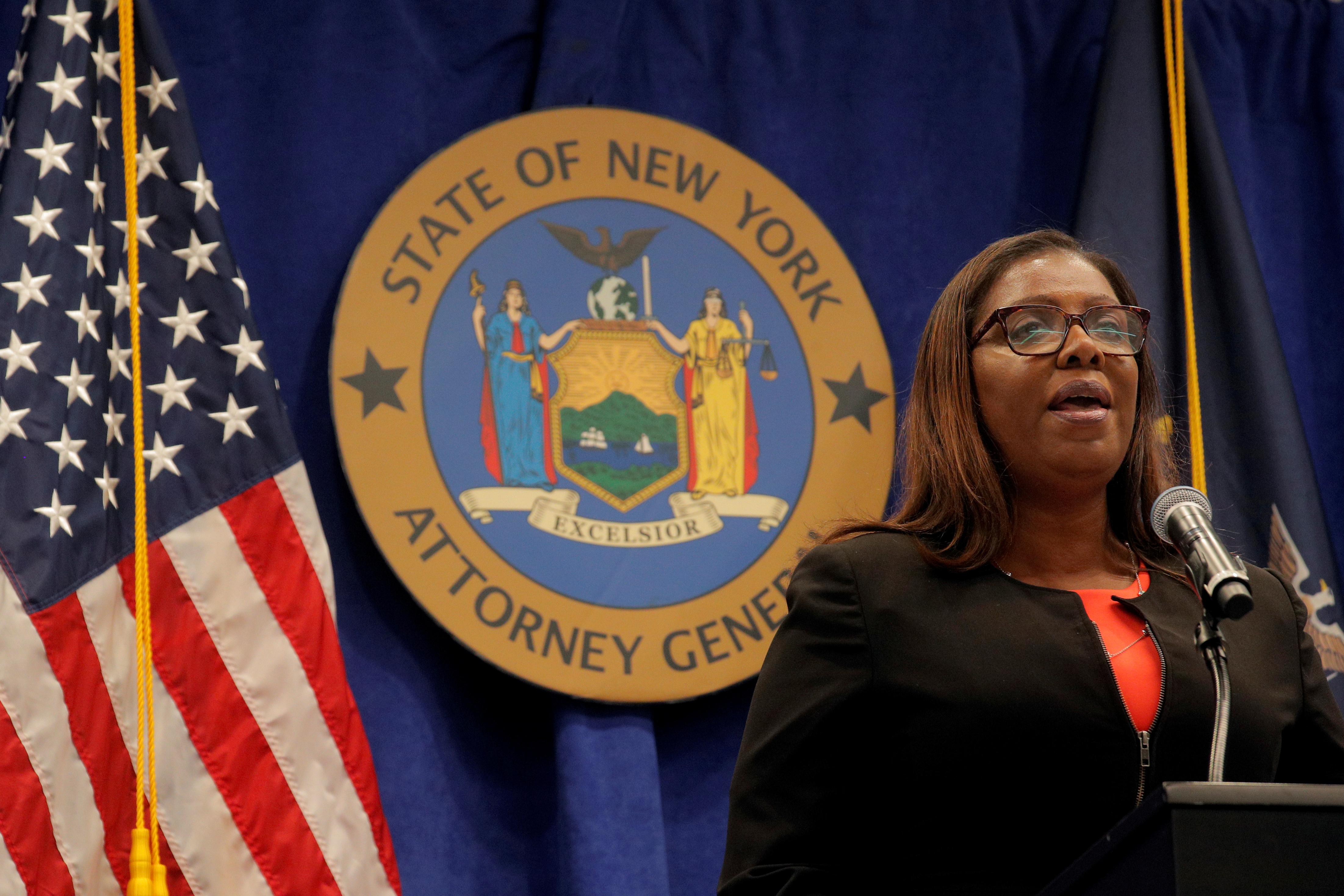 New York State Attorney General, Letitia James, speaks during a news conference, to announce a suit to dissolve the National Rifle Association, In New York