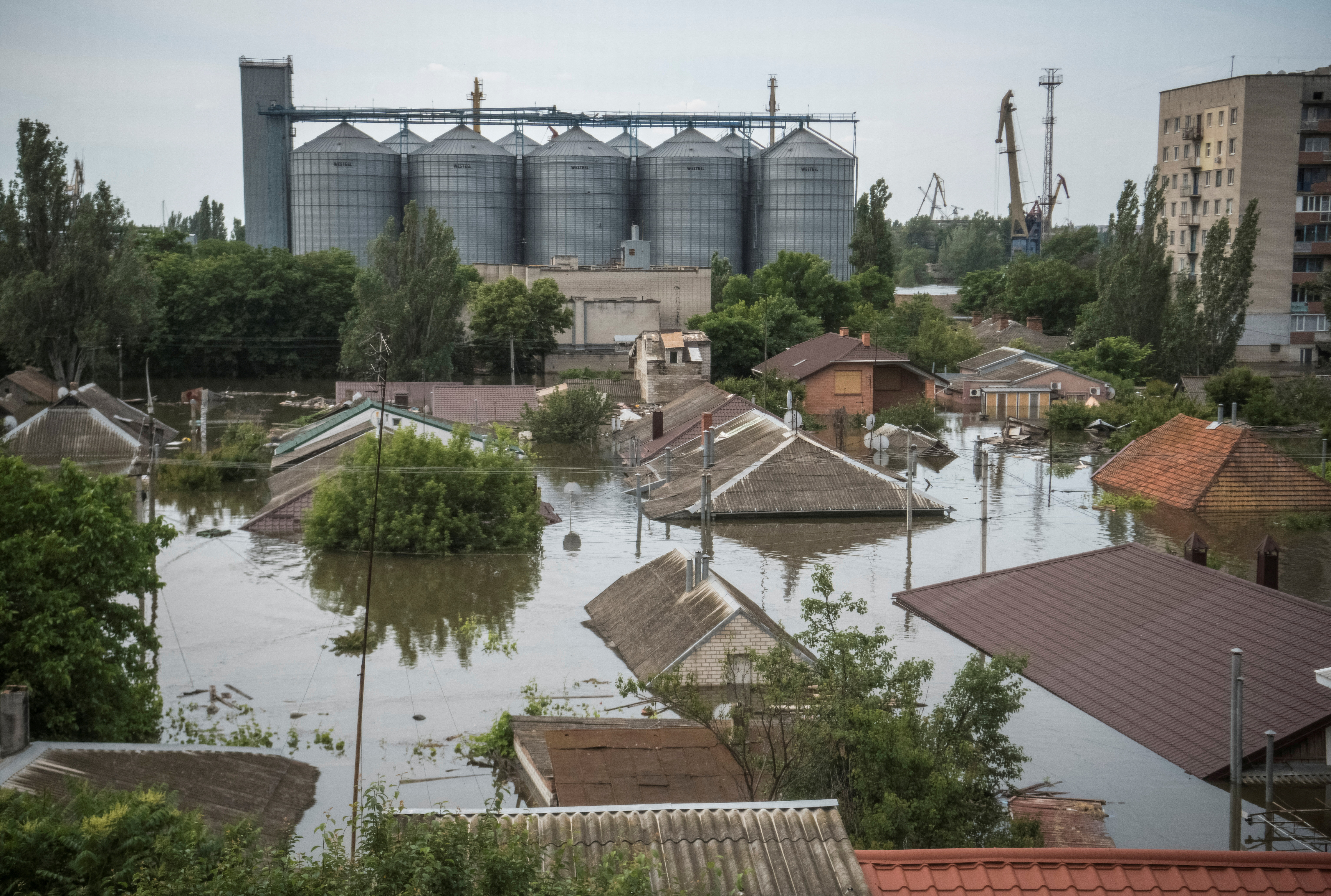 A view shows a flooded area after the Nova Kakhovka dam breached, in Kherson