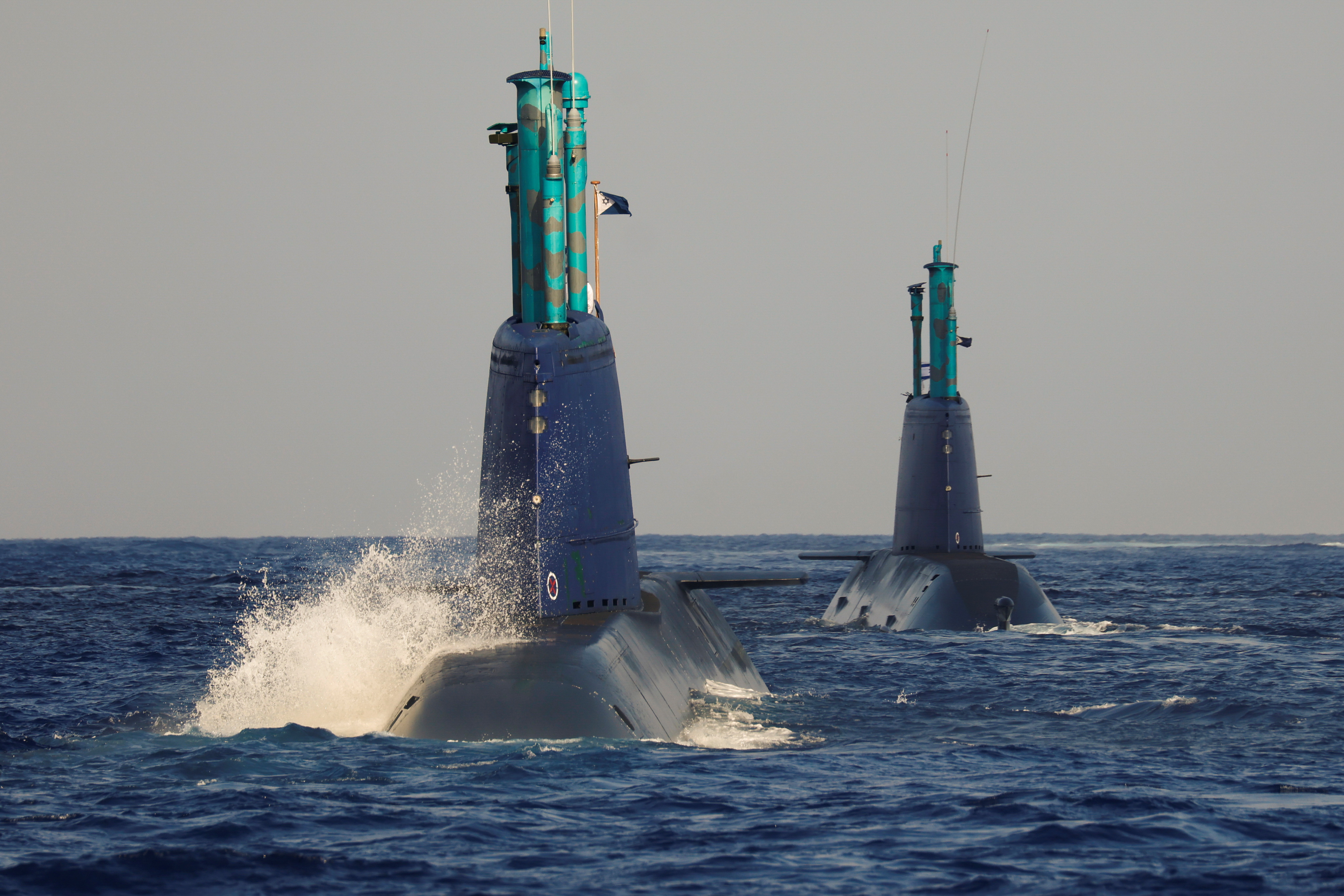 Leviathan and a second Israeli navy submarine are seen during a naval manoeuvre in the Mediterranean Sea off the coast of Haifa