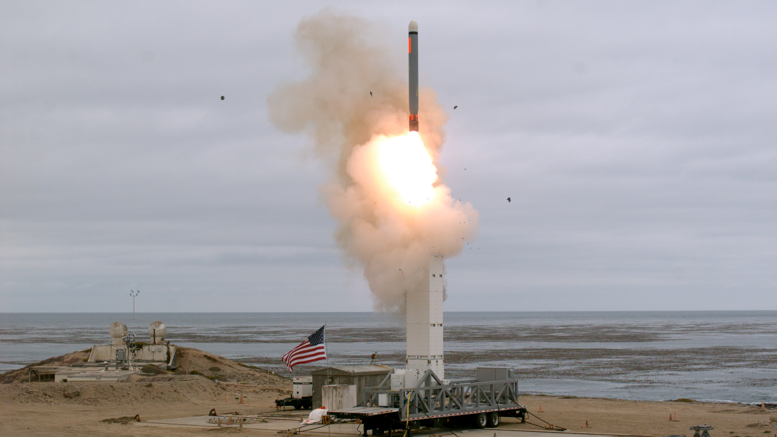 A view of a test missile launch as the Defense Department conducts a flight test of a conventionally configured ground-launched cruise missile at San Nicolas Island