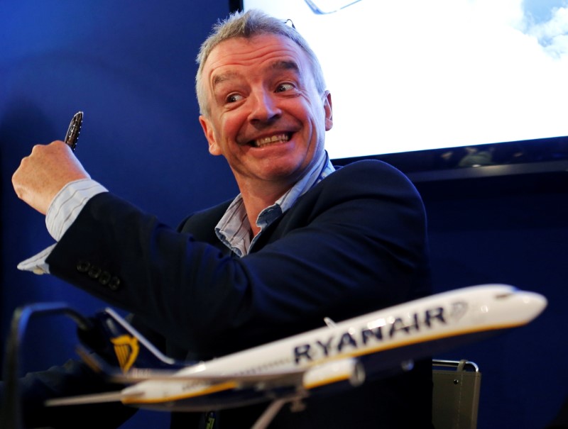 Ryanair Chief Executive Michael O'Leary gestures during a signing ceremony at the 50th Paris Air Show, at the Le Bourget airport near Paris, June 19, 2013. REUTERS/Pascal Rossignol/File Photo