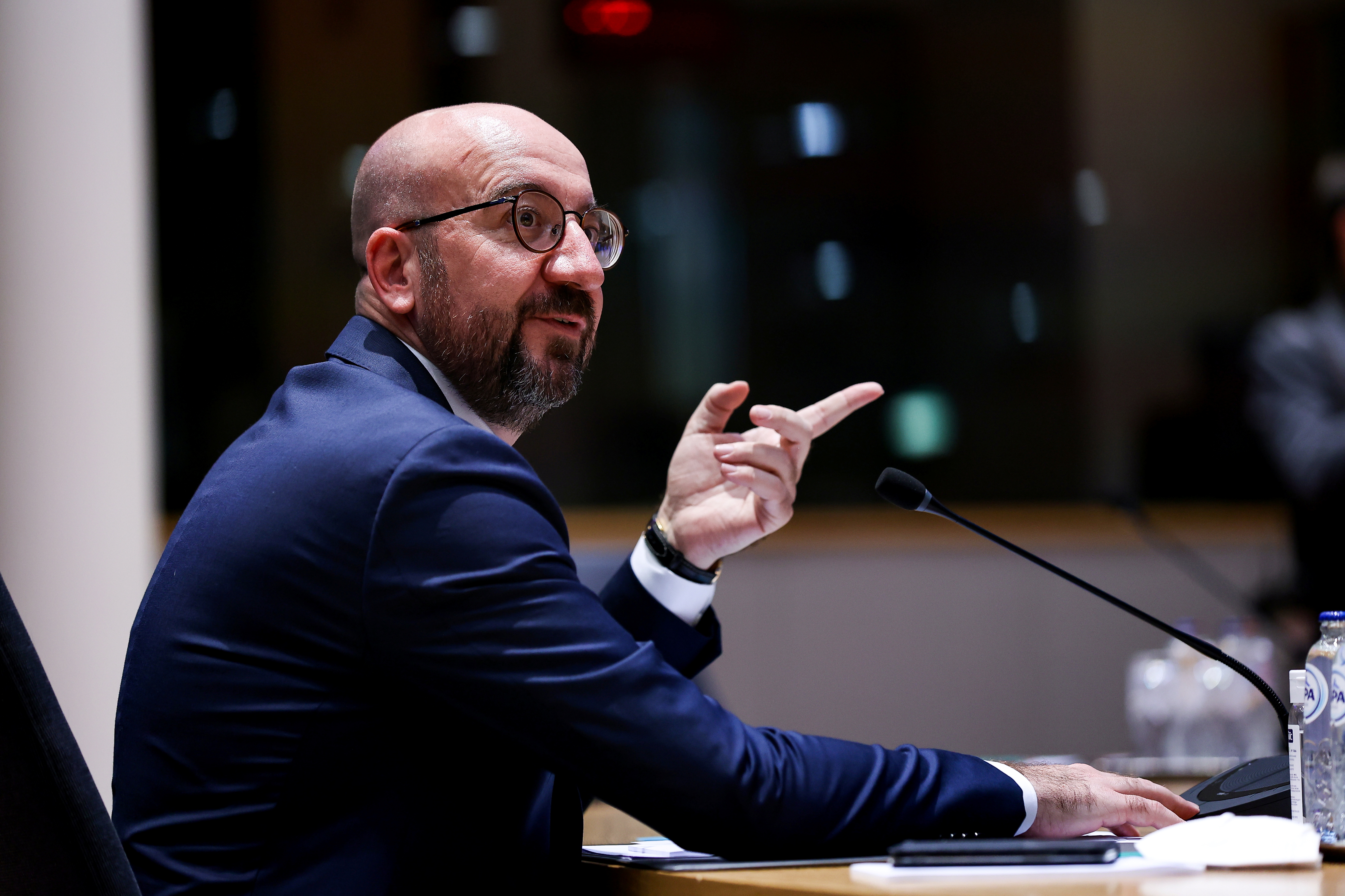 European Council President Charles Michel attends a video conference meeting with Georgian President Salome Zurabishvili