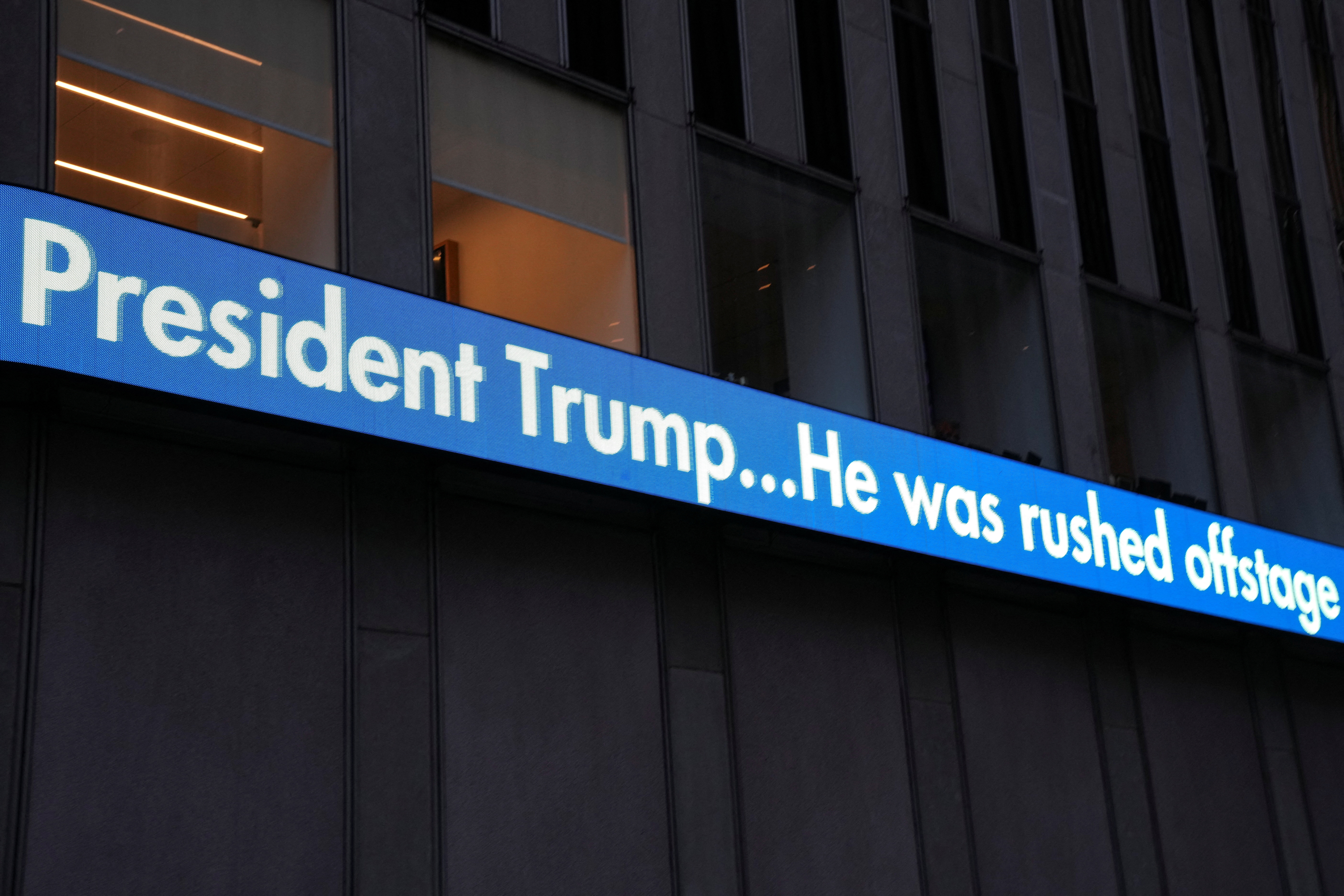 A screen is pictured at Fox headquarters after former U.S. President and Presidential candidate Donald J. Trump was injured during a campaign rally, in New York