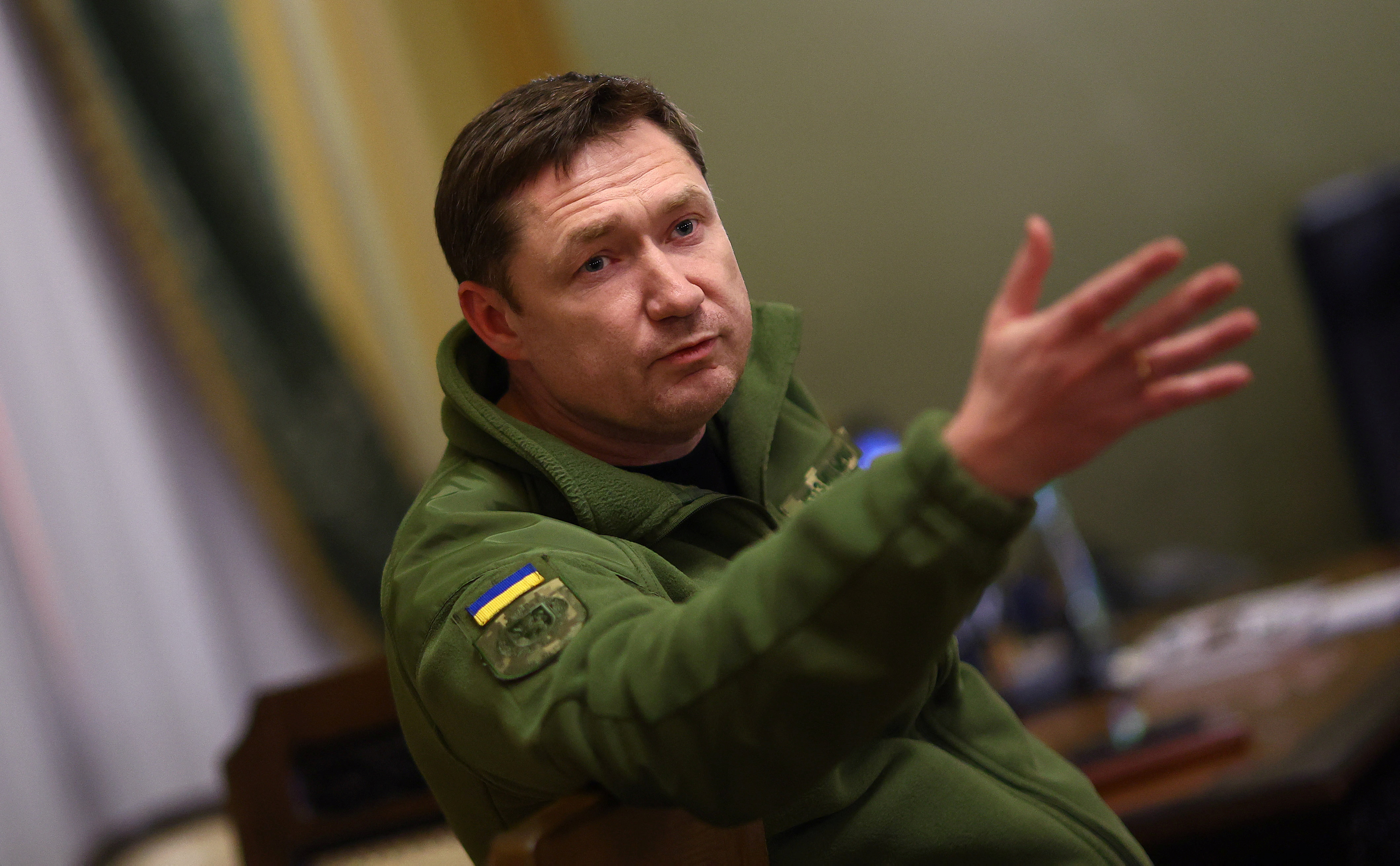 Maksym Kozytsky, head of the Lviv regional military administration is photographed during an interview with Reuters, in Lviv