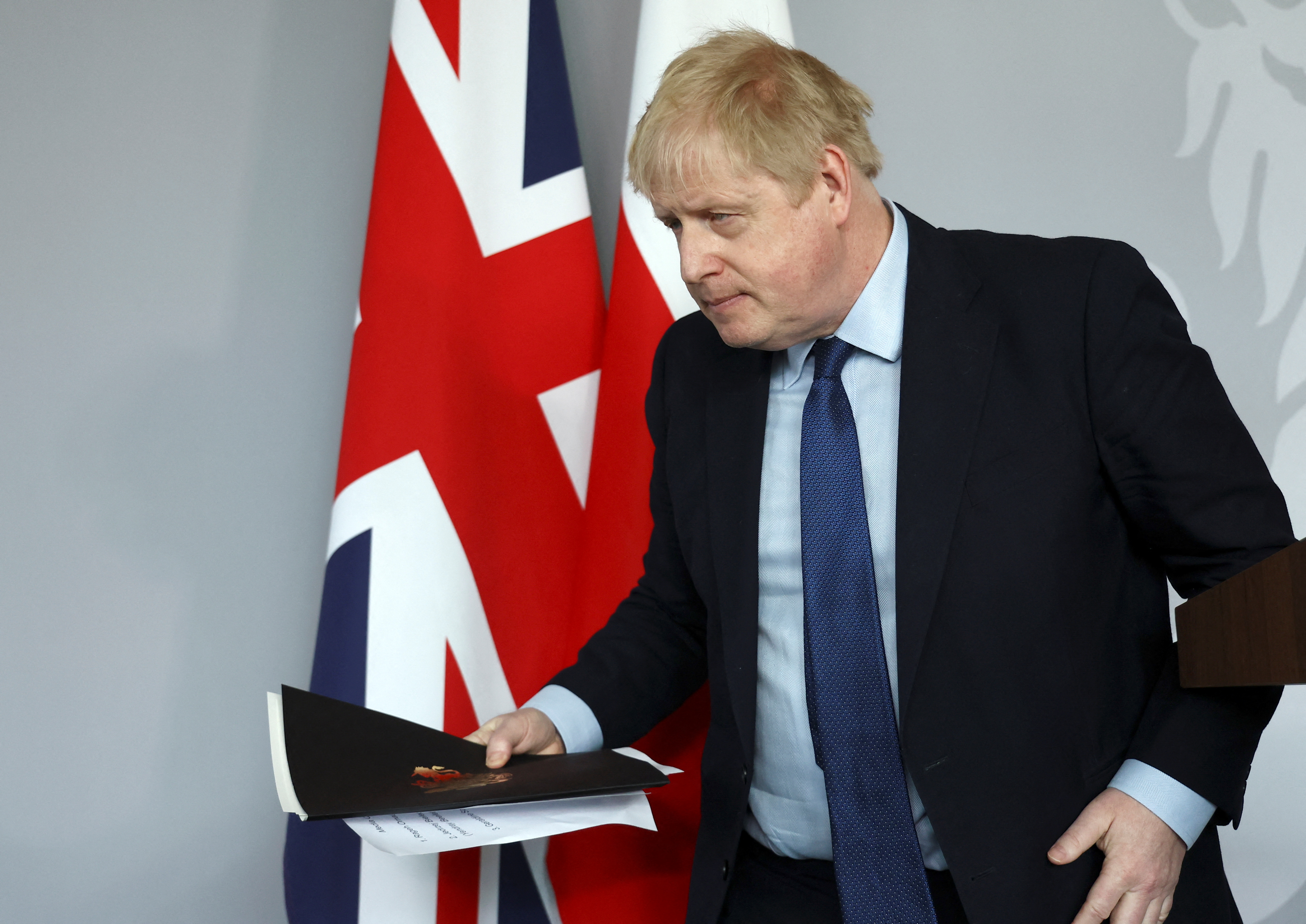 British Prime Minister Boris Johnson holds a news conference at British Embassy in Warsaw