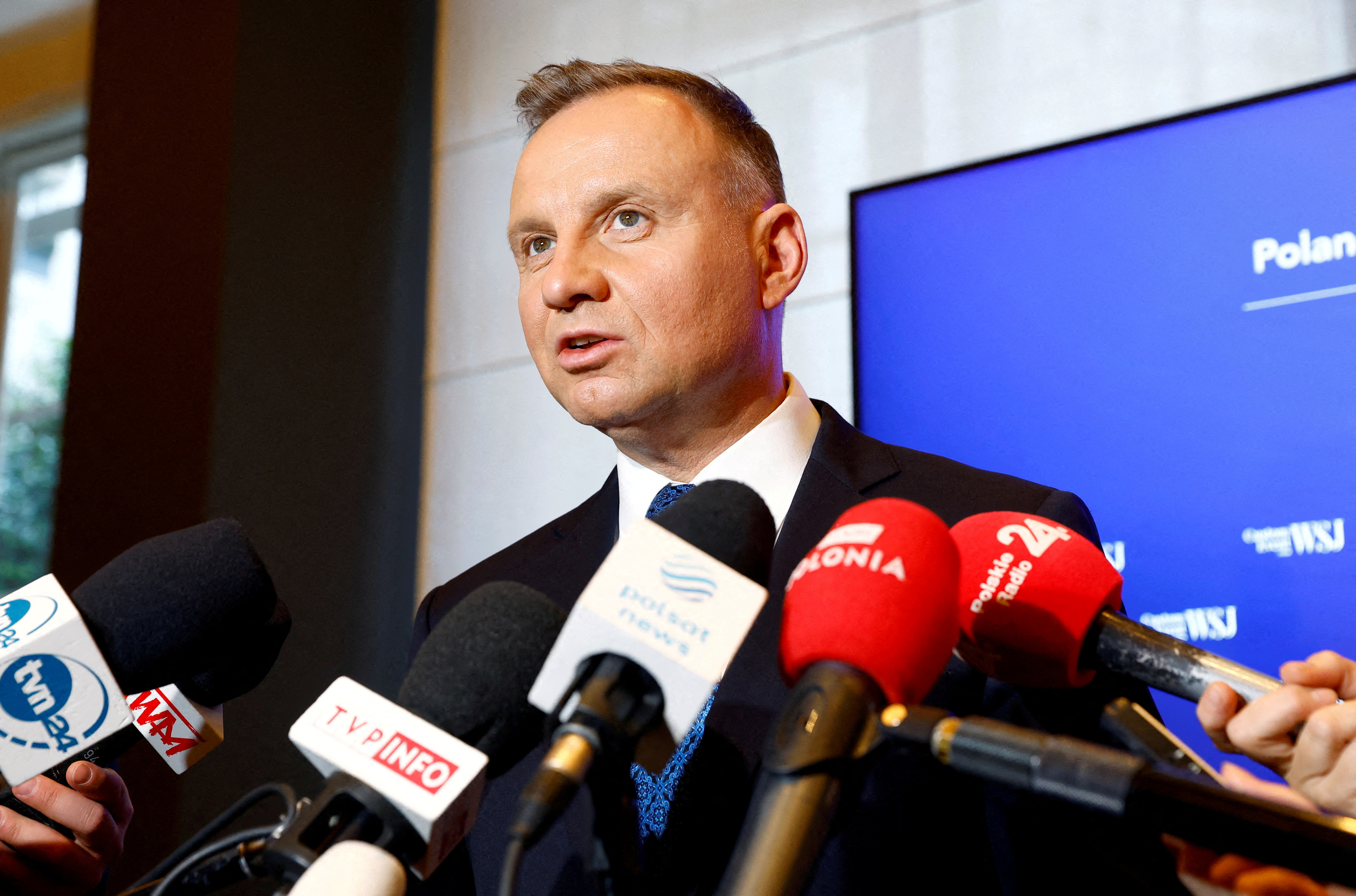 Polish President Andrzej Duda speaks during a press conference during a visit to London
