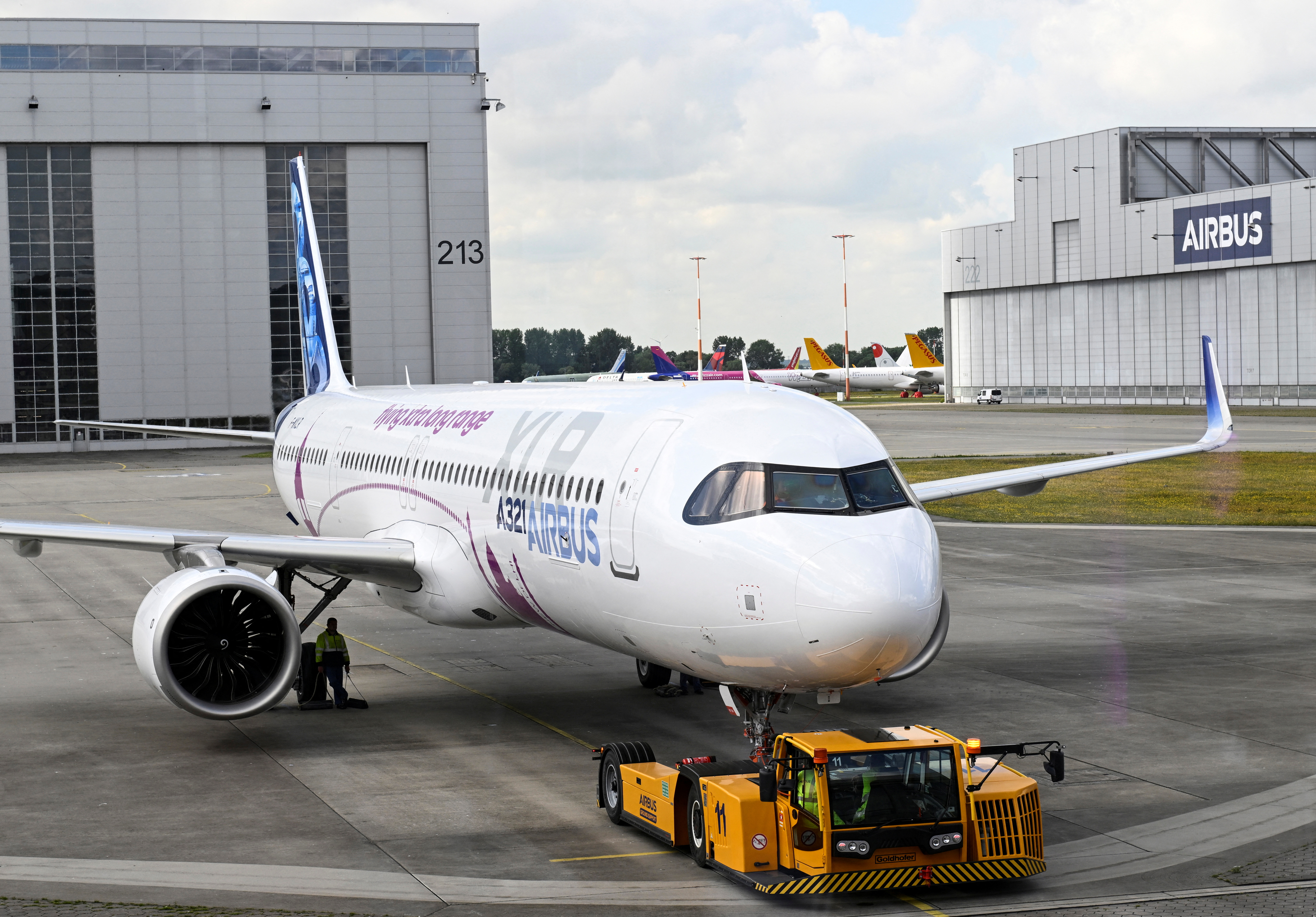 Airbus A321XLR is being prepared before take-off for its maiden flight at Hamburg-Finkenwerder Airport