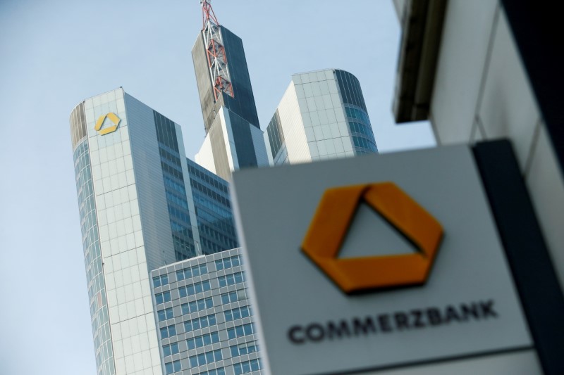 A Commerzbank logo is pictured before the bank's annual news conference in Frankfurt