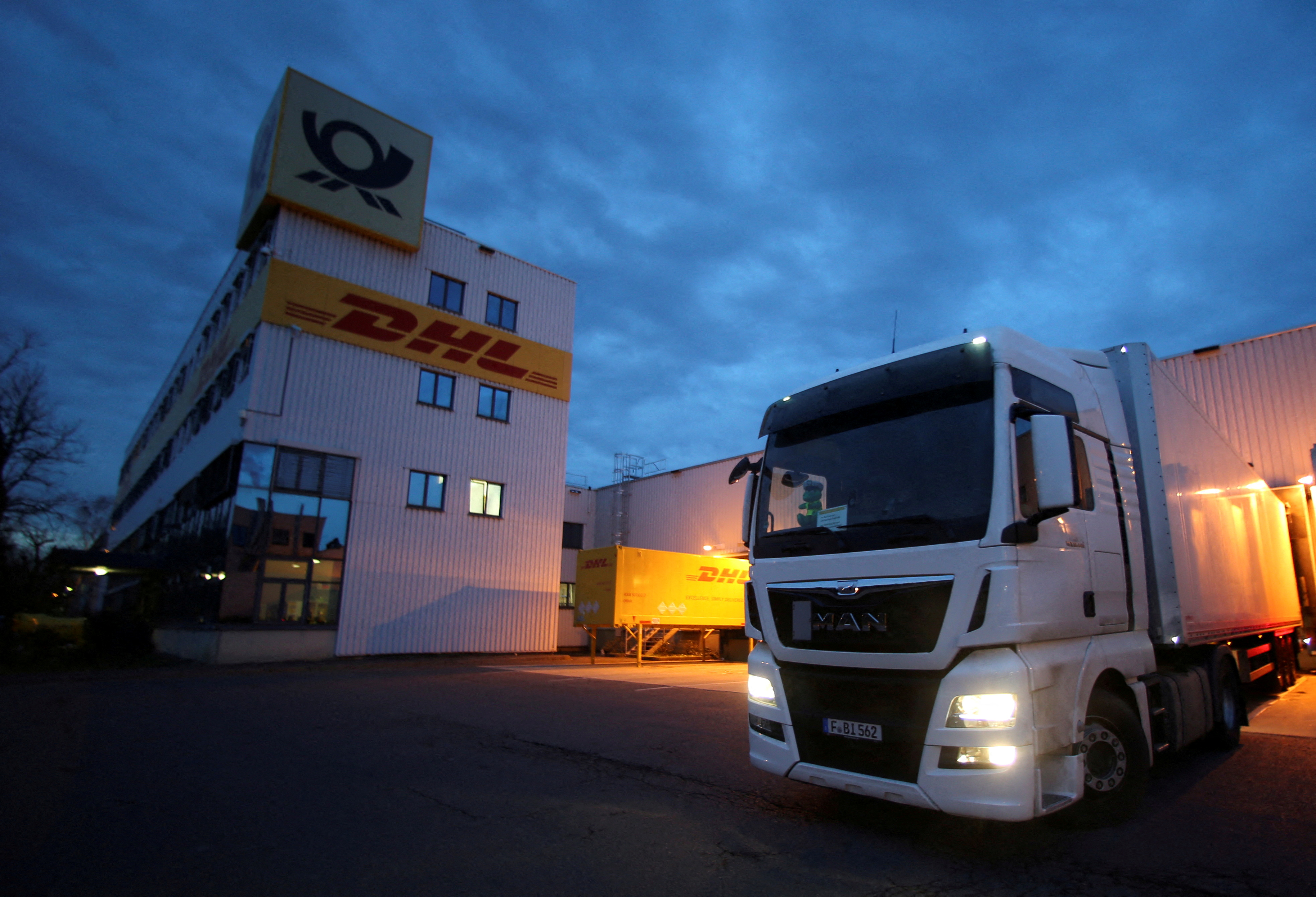 An outside view shows a distribution centre of German postal and logistics group Deutsche Post DHL in Rodgau