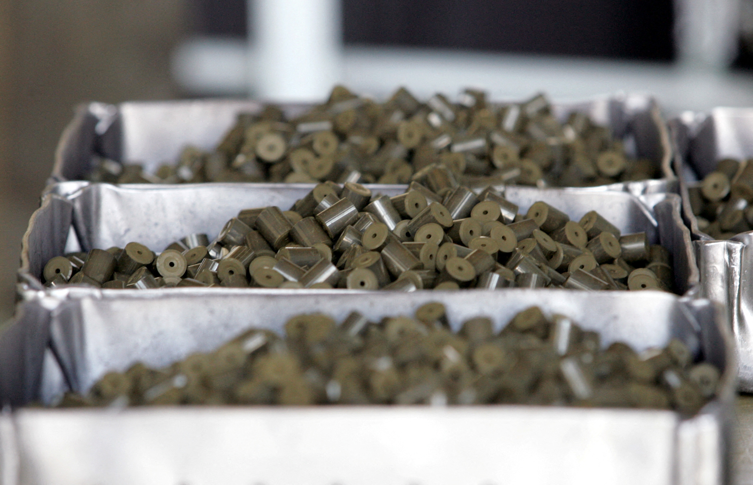 Uranium pellets are seen on a production line at Ulba Metallurgical Plant in Ust-Kamenogorsk