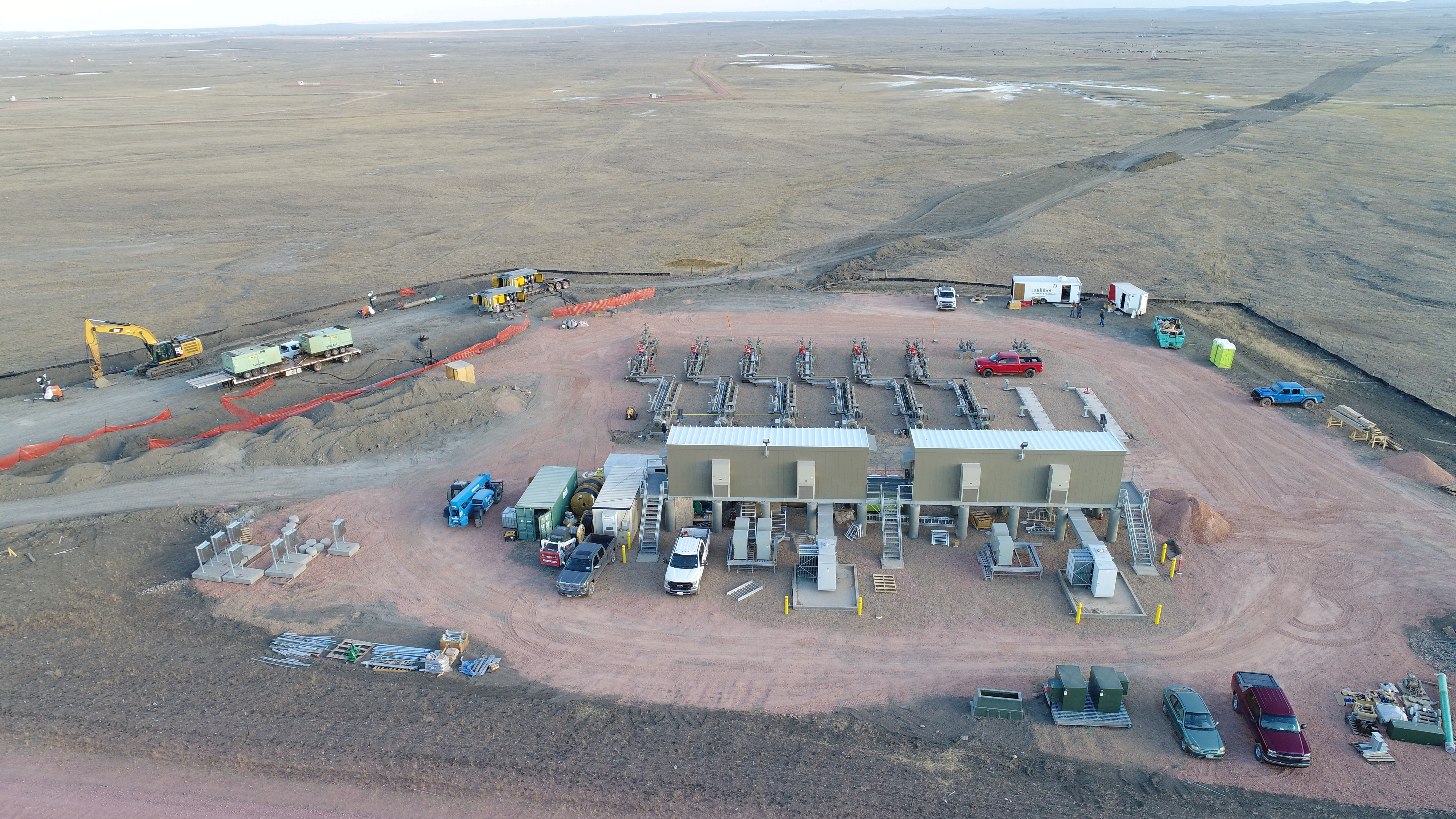 View of an extension of Denbury Inc's Greencore carbon pipeline which connects to a pump station, in Montana