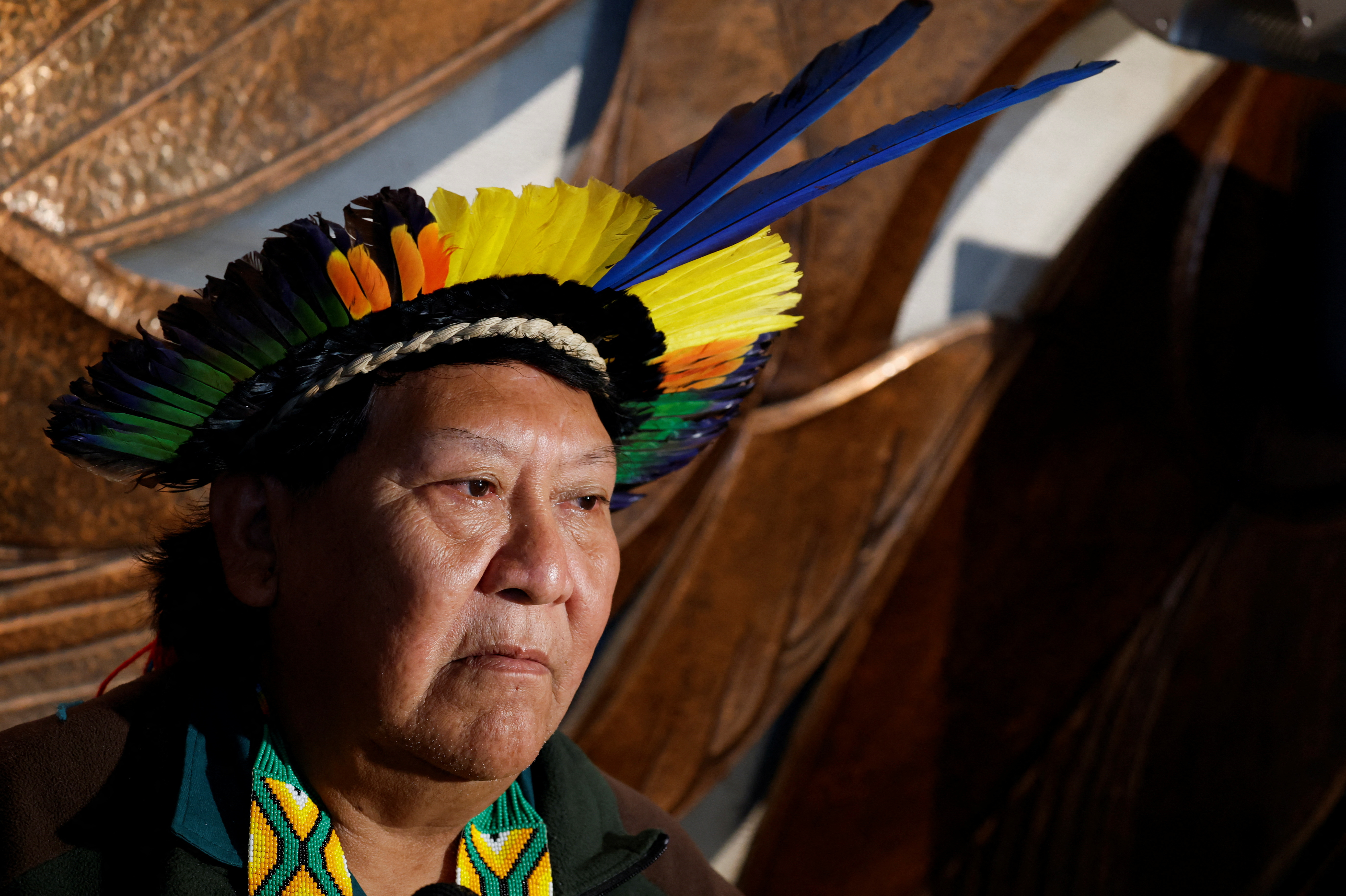 Davi Kopenawa, chief of the Yanomami talks with the media after meeting Pope Francis, in Rome