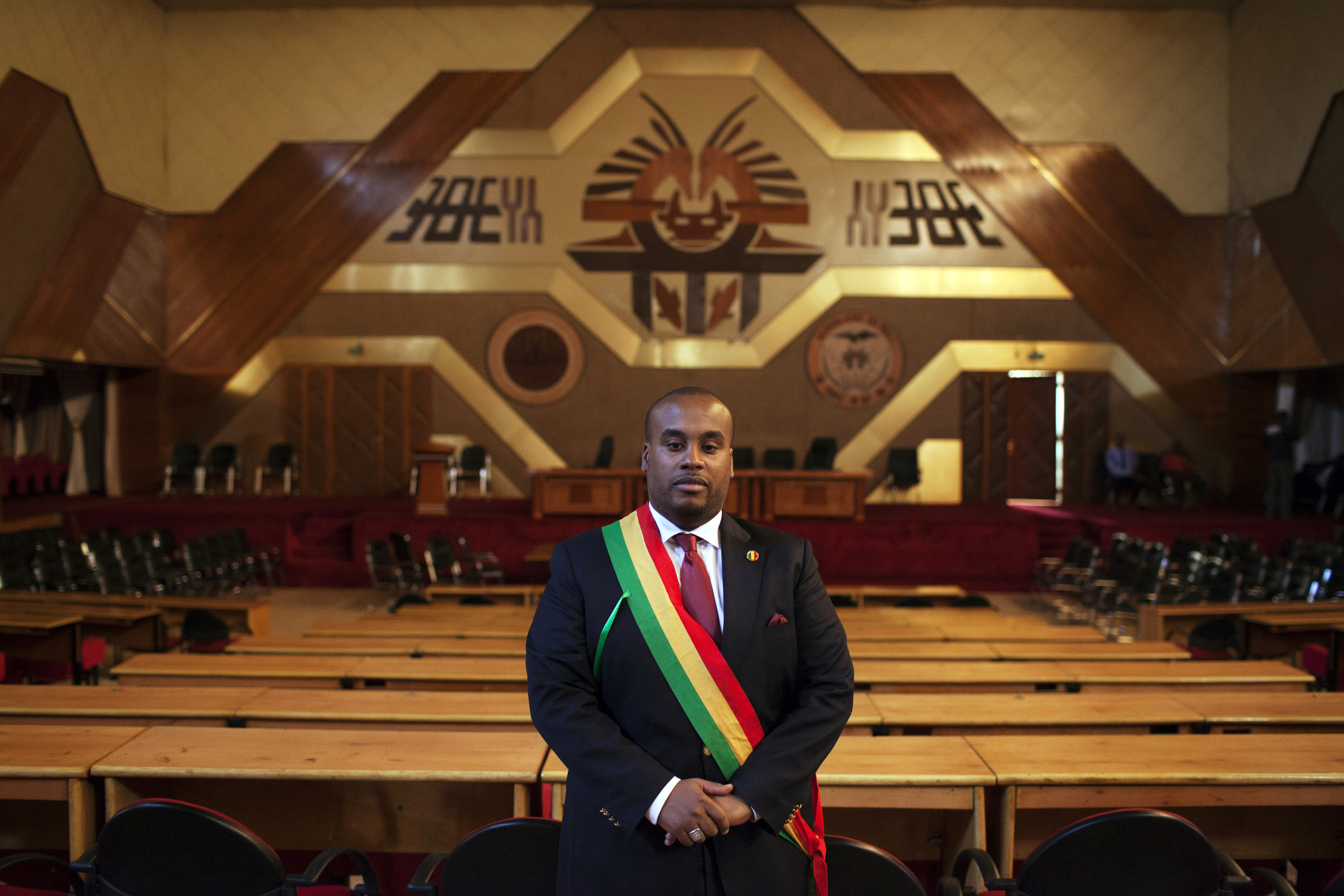 Karim Keita, member of parliament and the son of Malian President Keita, poses for a picture in the parliament's main hall in Bamako