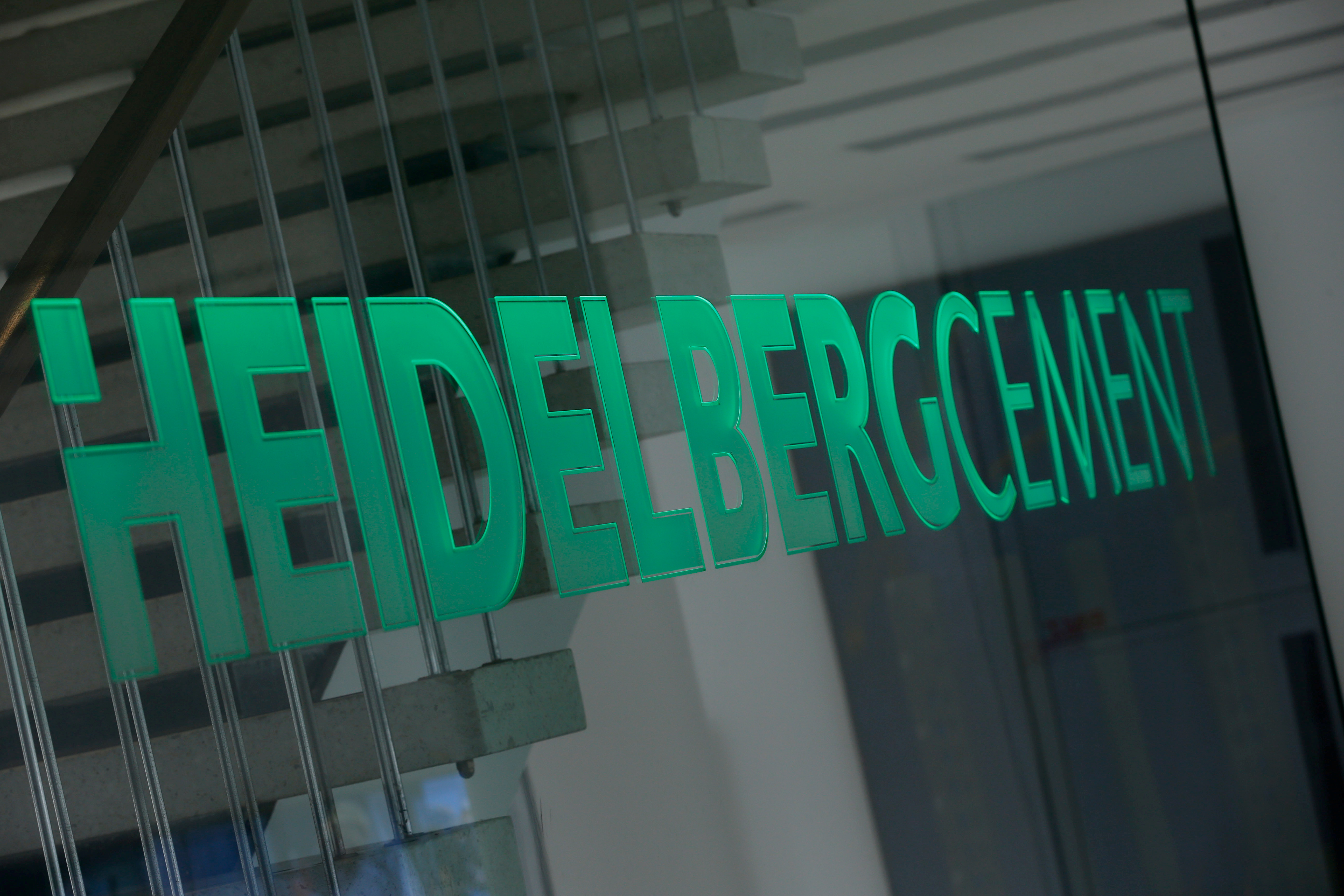 A logo of HeidelbergCement is pictured at their headquarters in Heidelberg