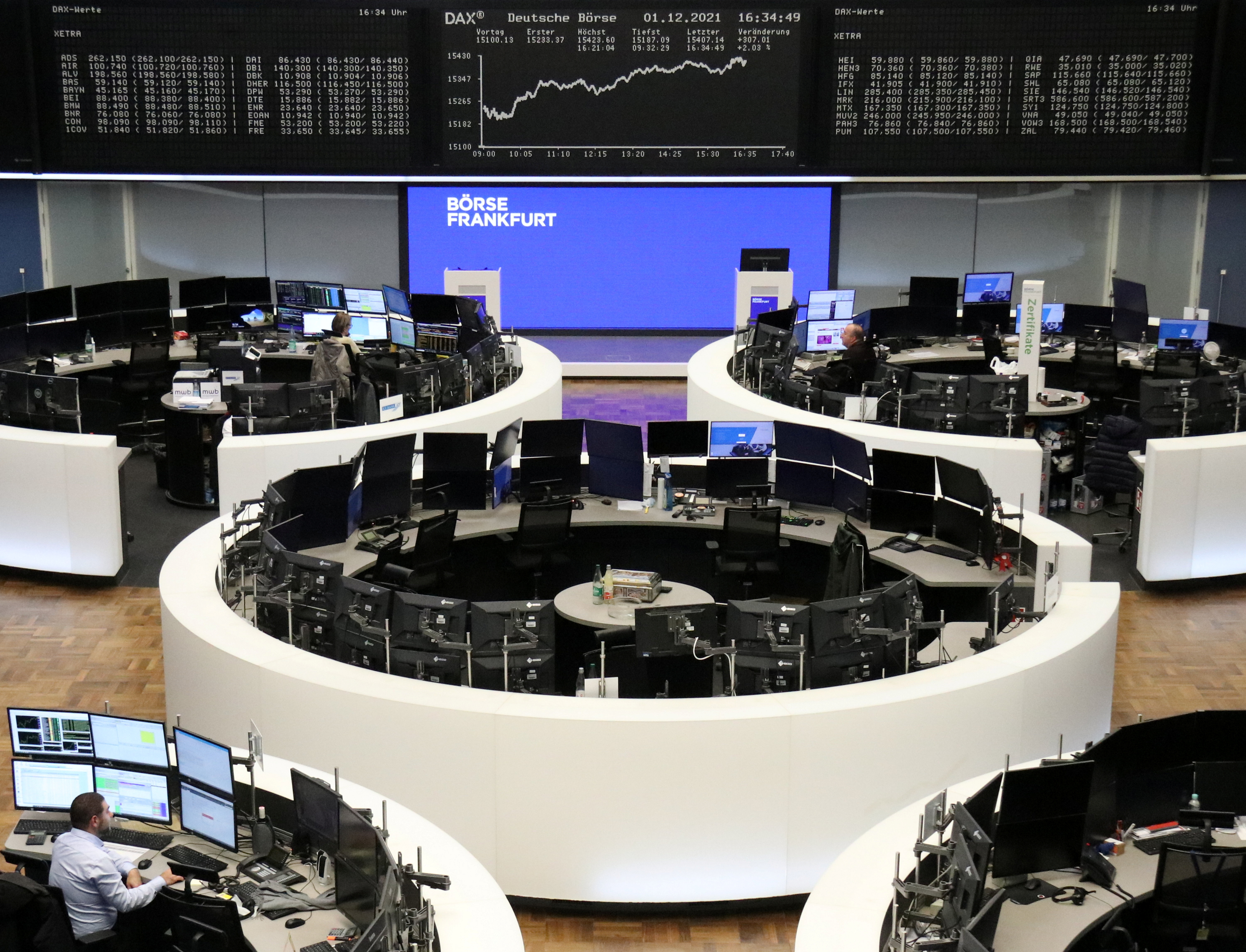 The German share price index DAX graph is pictured at the stock exchange in Frankfurt, Germany, December 1, 2021. REUTERS/Staff