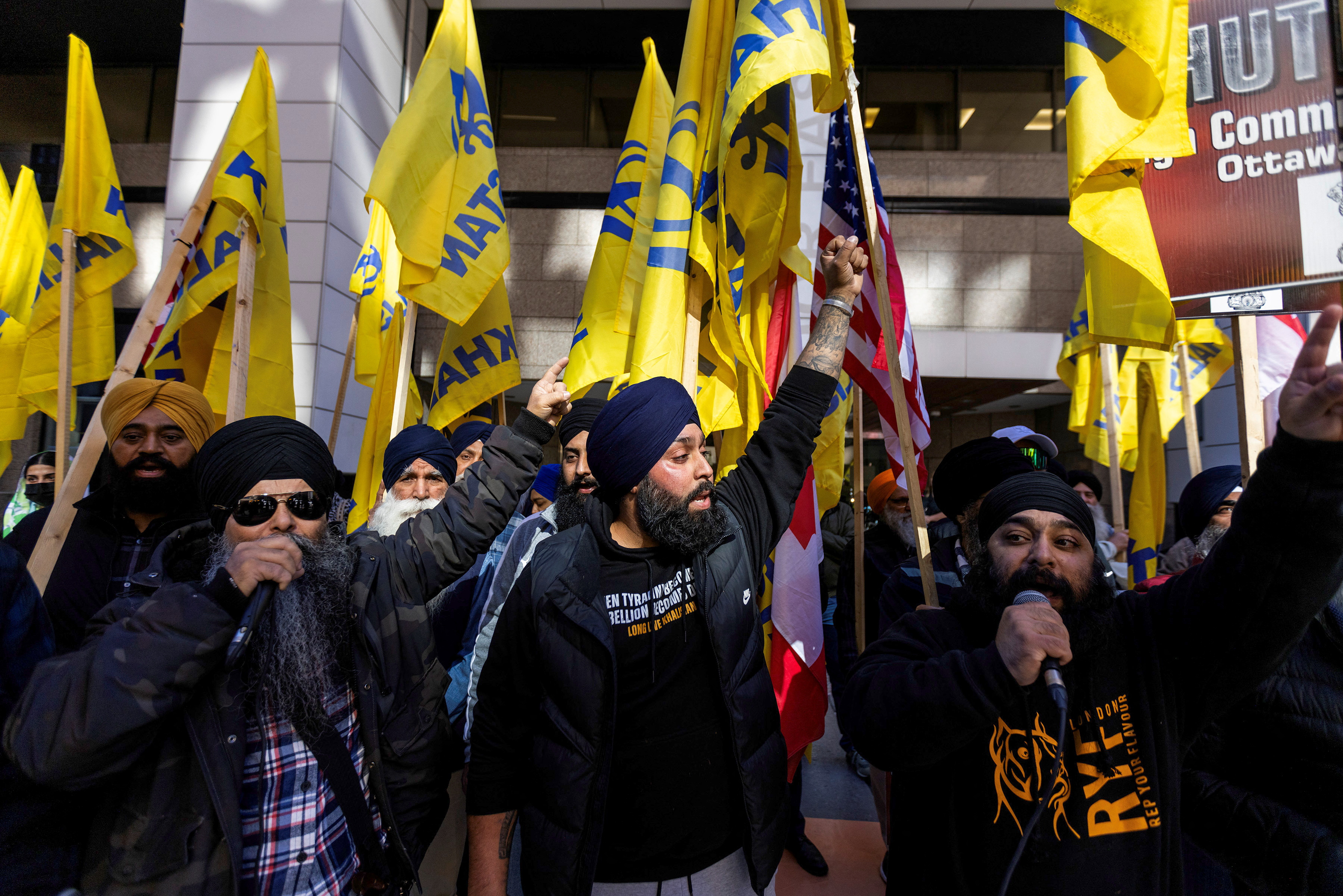 Sikh protesters picket outside the Consulate General of India