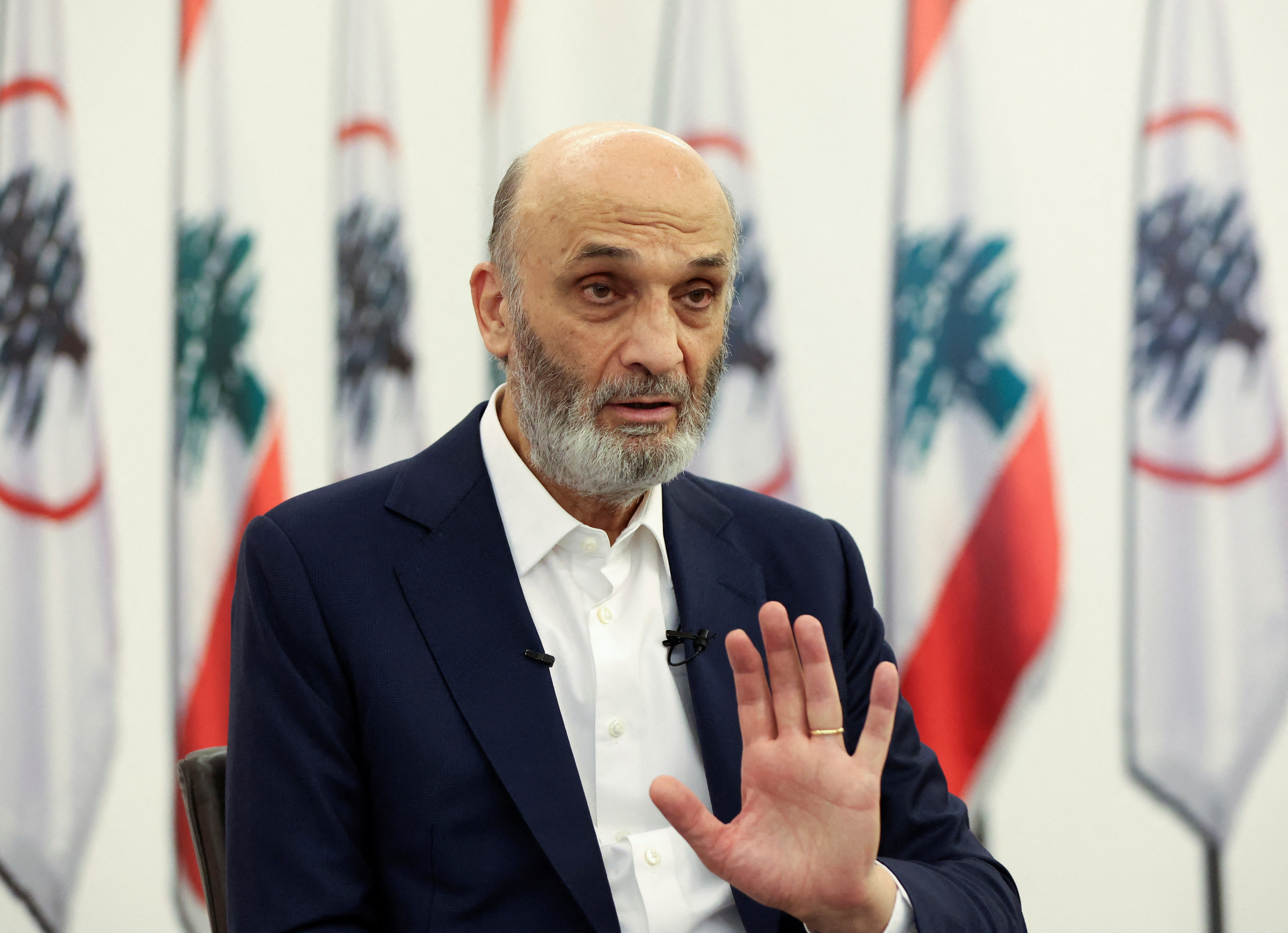 Samir Geagea, the head of the Christian Lebanese Forces party, speaks during an interview with Reuters at his residence in Maarab