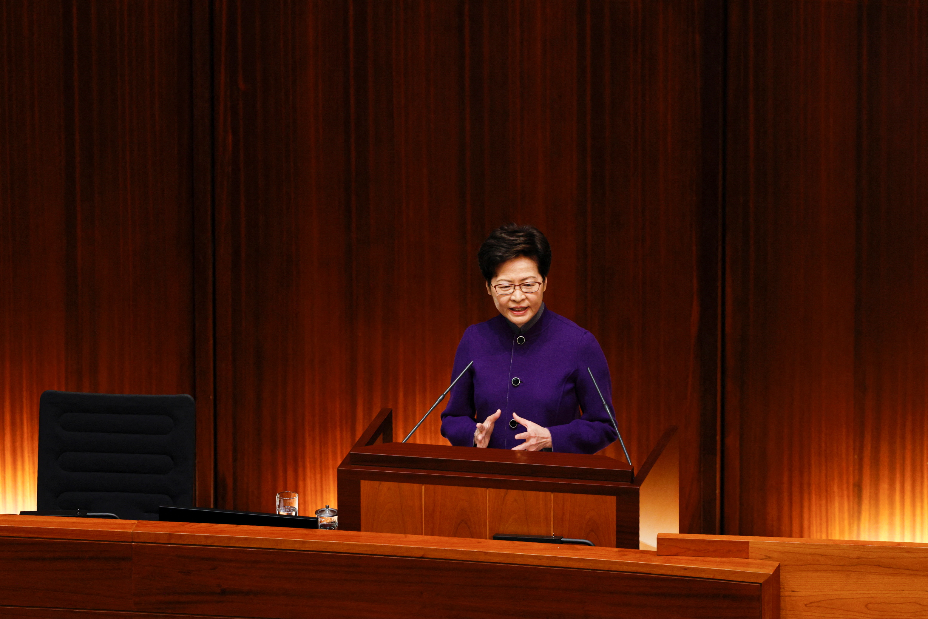 Chief Executive Carrie Lam takes questions from lawmakers during the first regular meeting of the legislature at the Legislative Council in Hong Kong