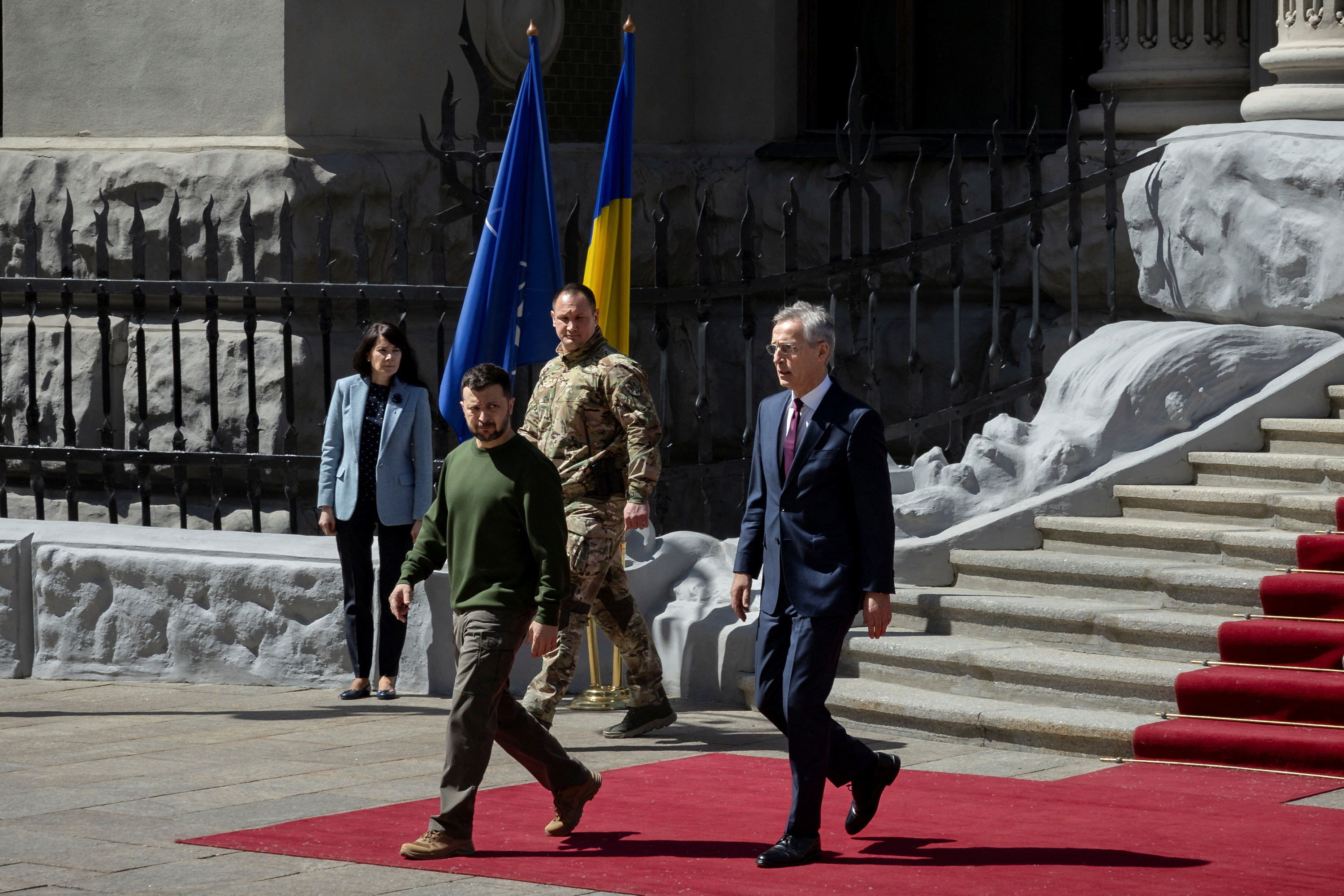 Ukraine's President Volodymyr Zelenskiy and NATO Secretary-General Jens Stoltenberg arrive for a press conference in Kyiv