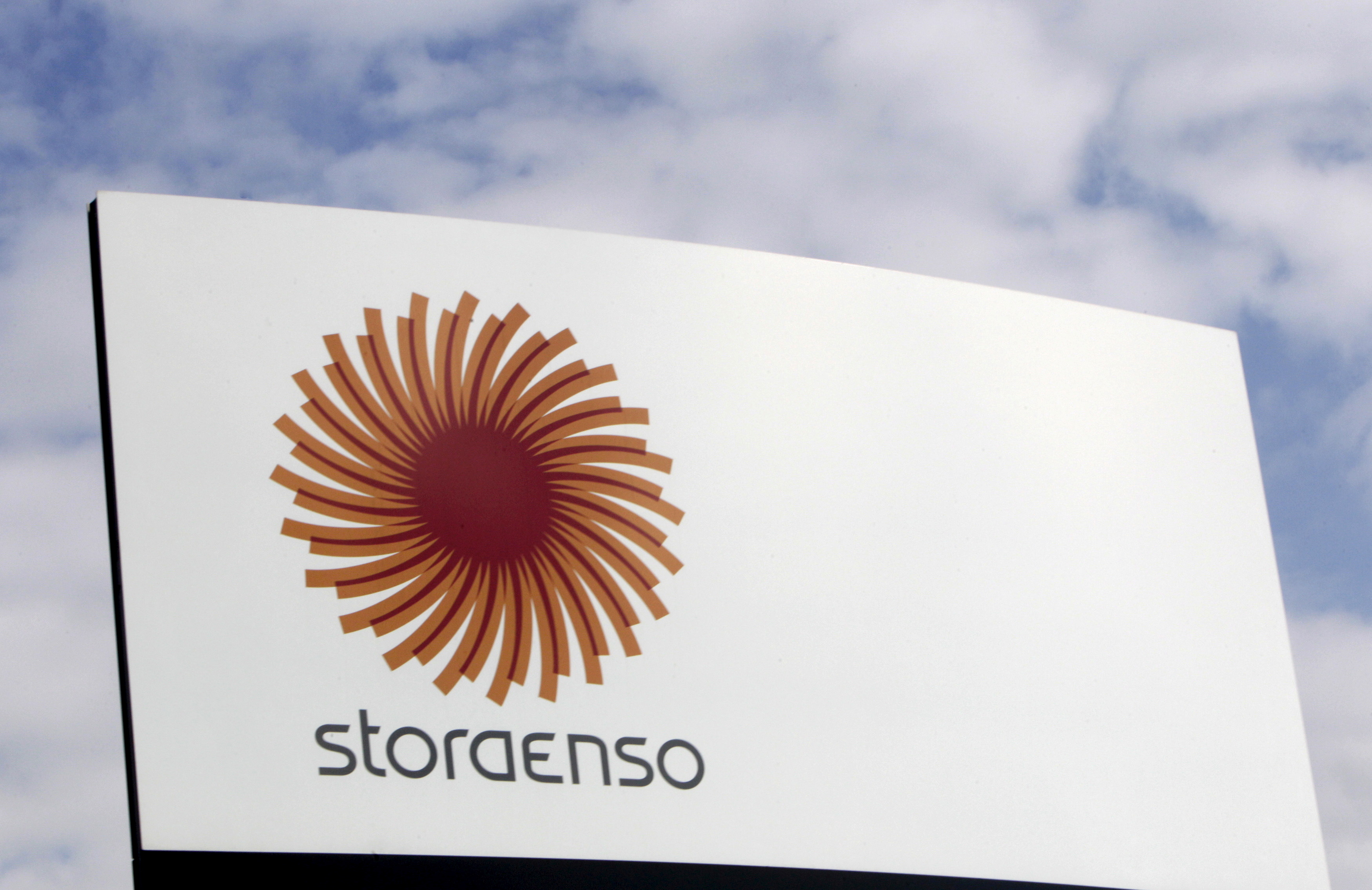 Stora Enso company logo is seen near a packaging mill in Riga