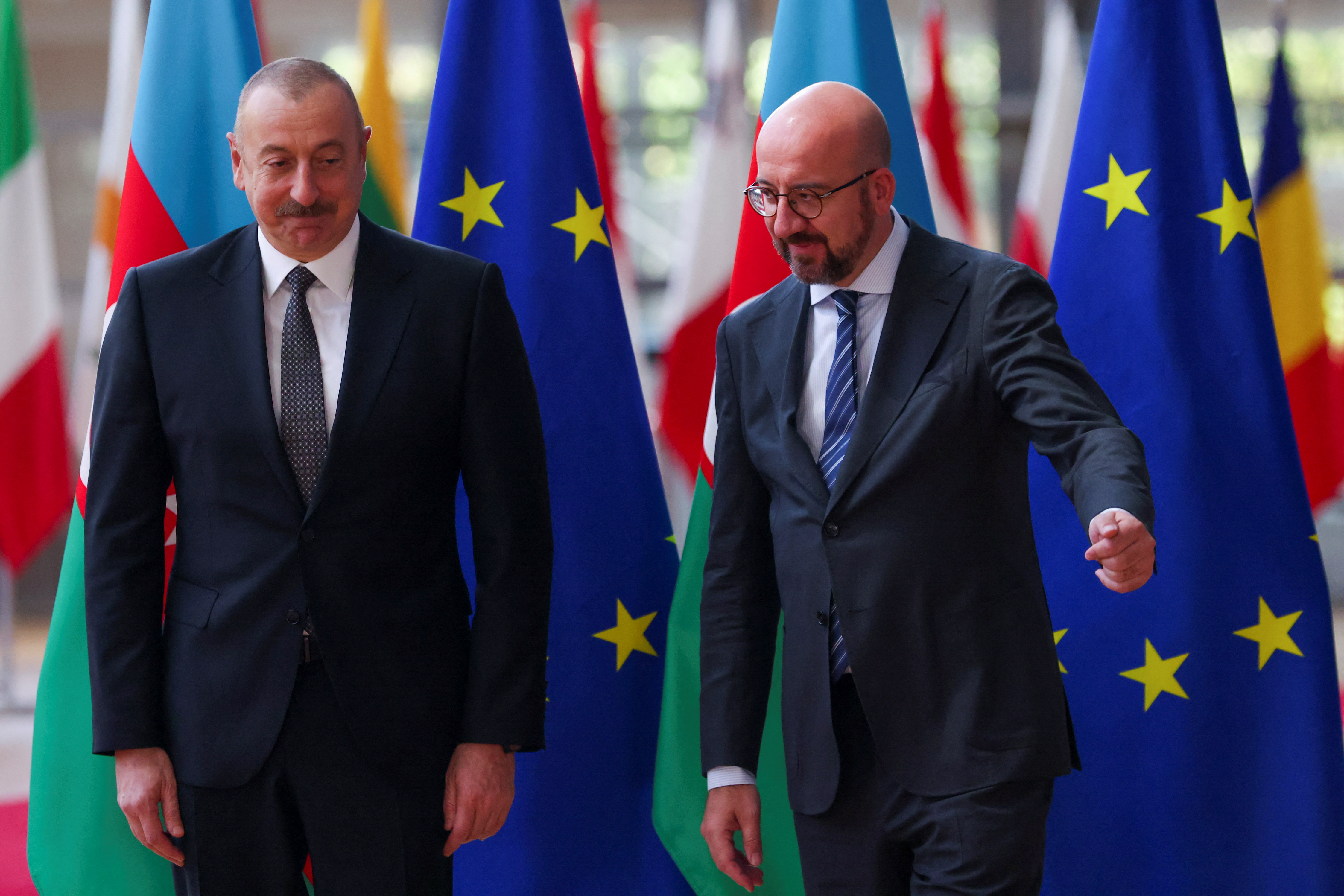 Azerbaijan's President Aliyev is welcomed by European Council President Michel in Brussels