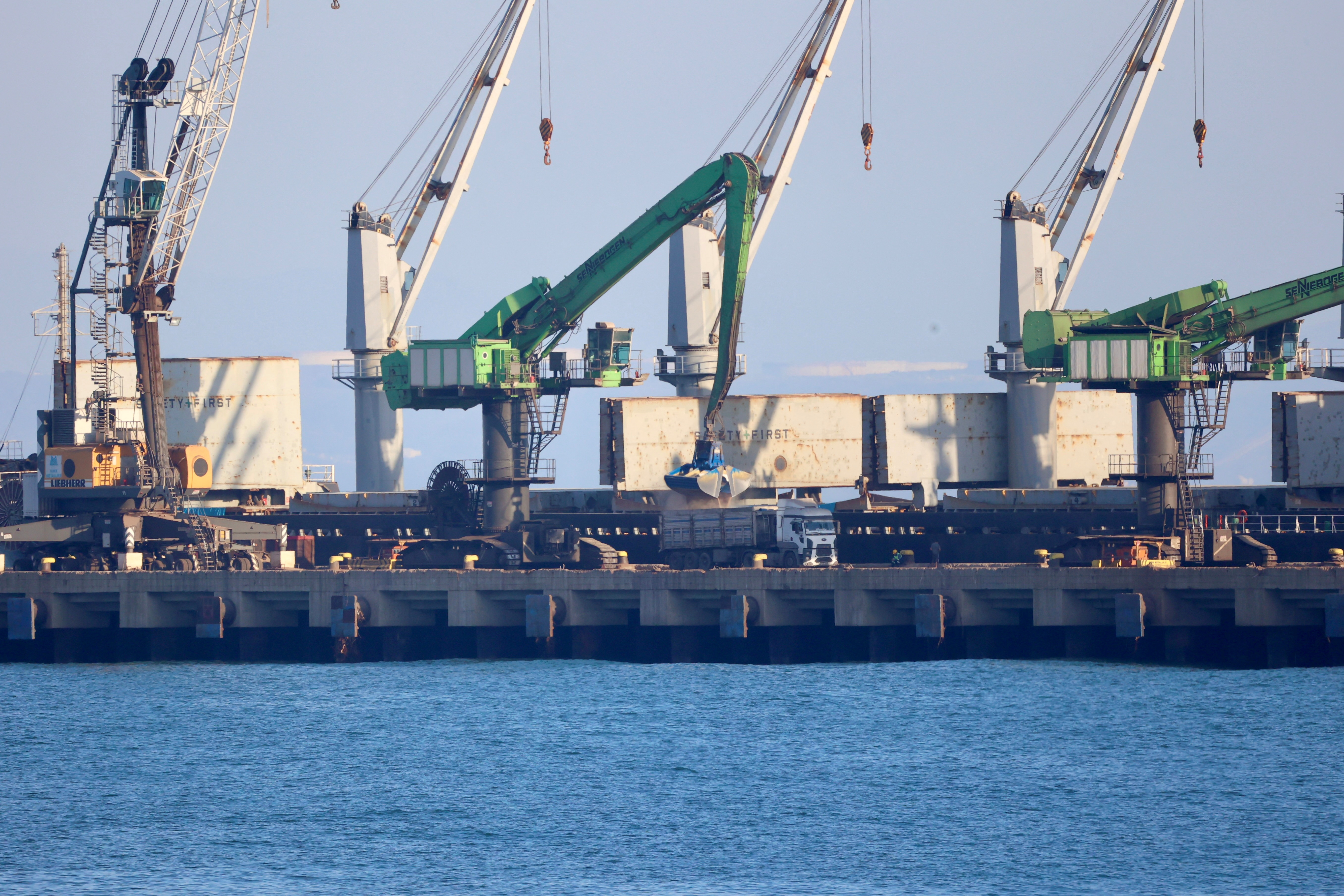 Russian-flagged bulk carrier Mikhail Nenashev is unloaded at the MMK Port in Dortyol near the Mediterranean town of Iskenderun
