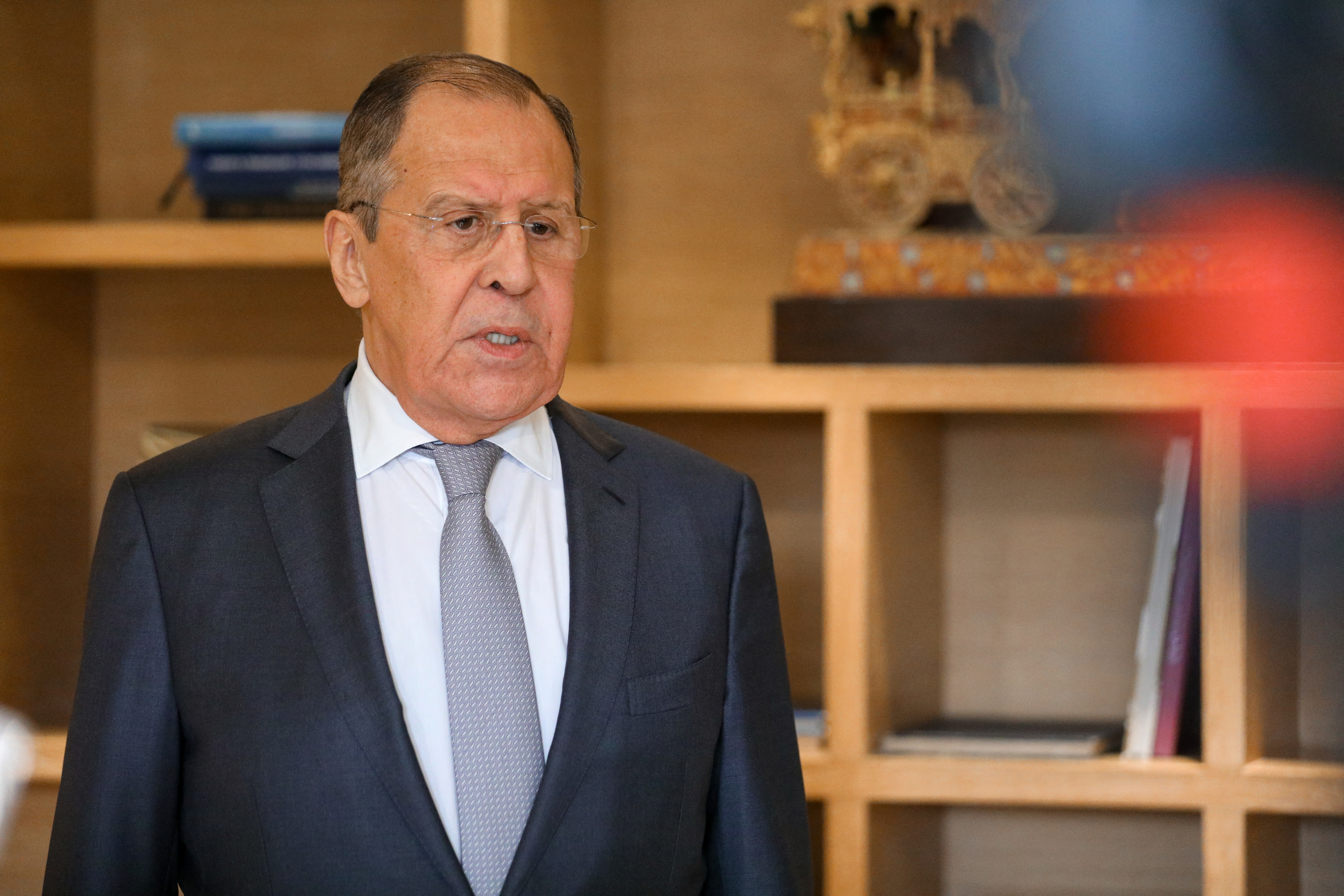 Russia's Foreign Minister Lavrov speaks with the media in New Delhi