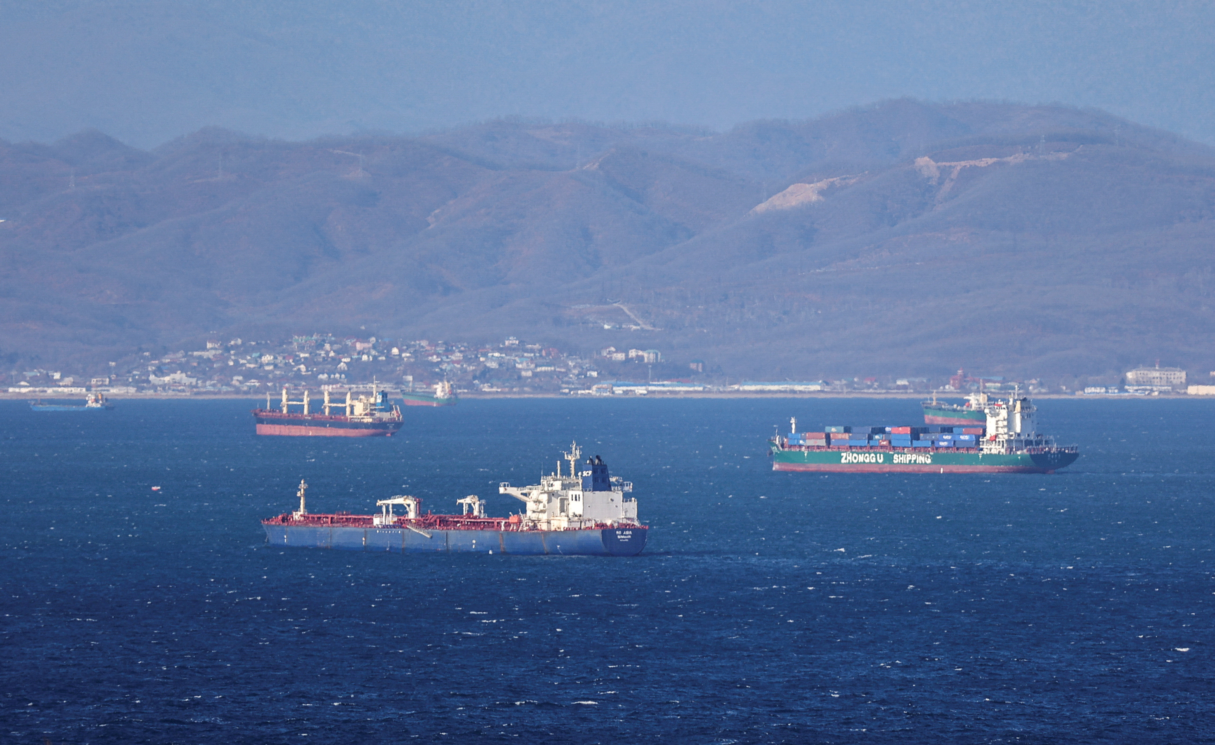 A view shows cargo vessels in Nakhodka Bay