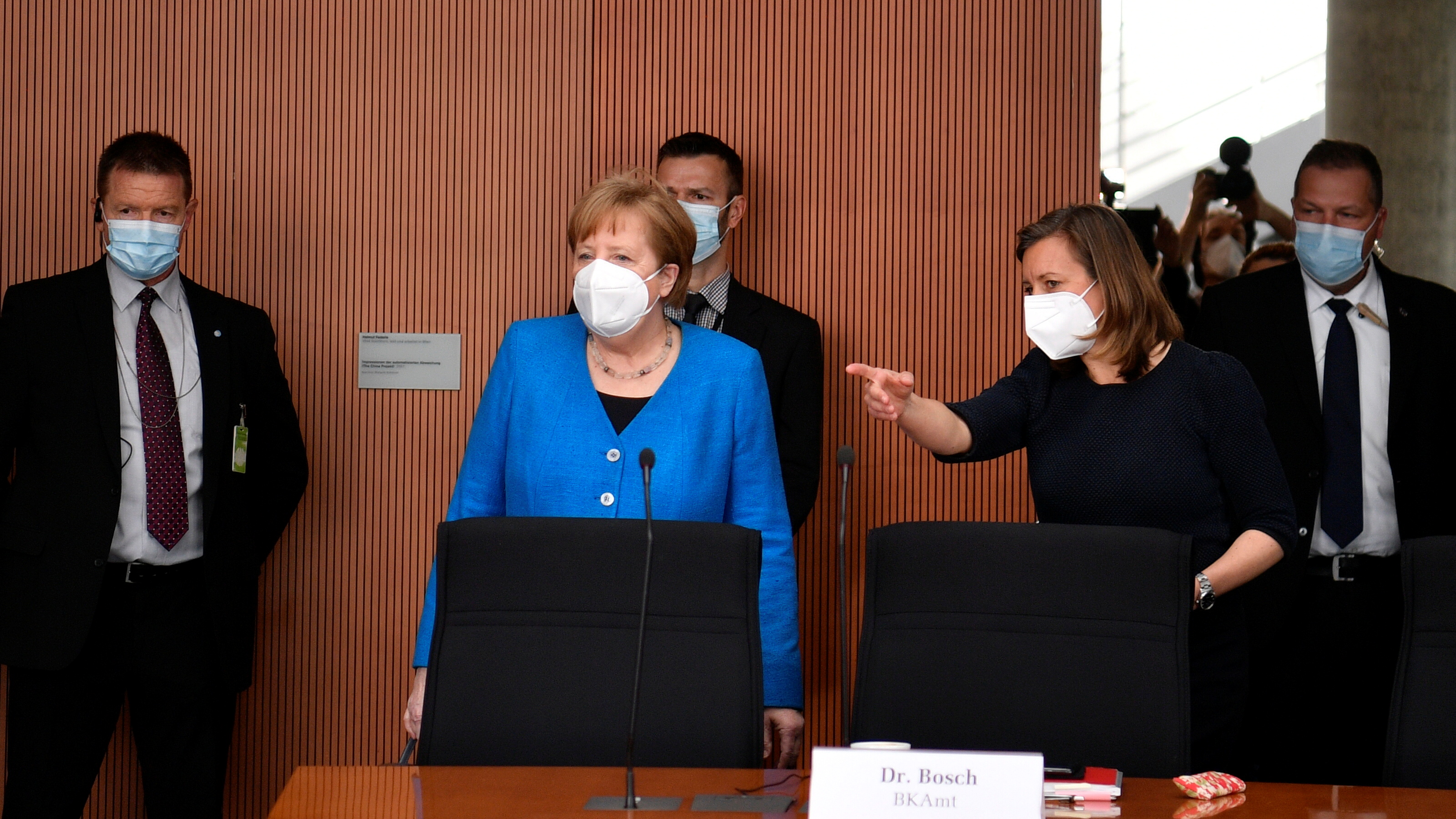 German Chancellor Angela Merkel arrives to testify in front of a parliamentary committee investigating the financial scandal over payment systems provider Wirecard in Berlin, Germany April 23, 2021. John MacDougall/Pool via REUTERS