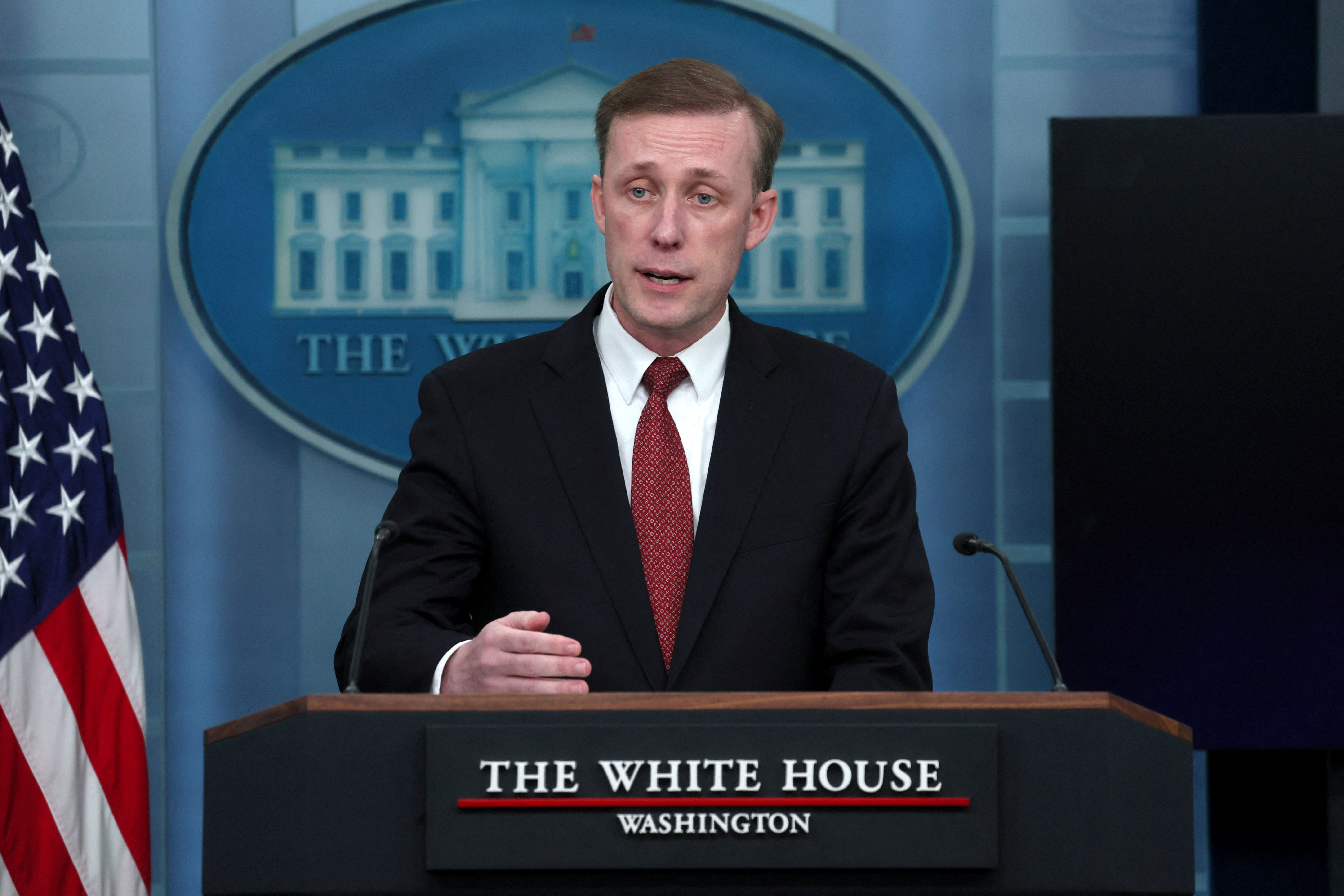 National Security Advisor Sullivan speaks during a press briefing at the White House in Washington