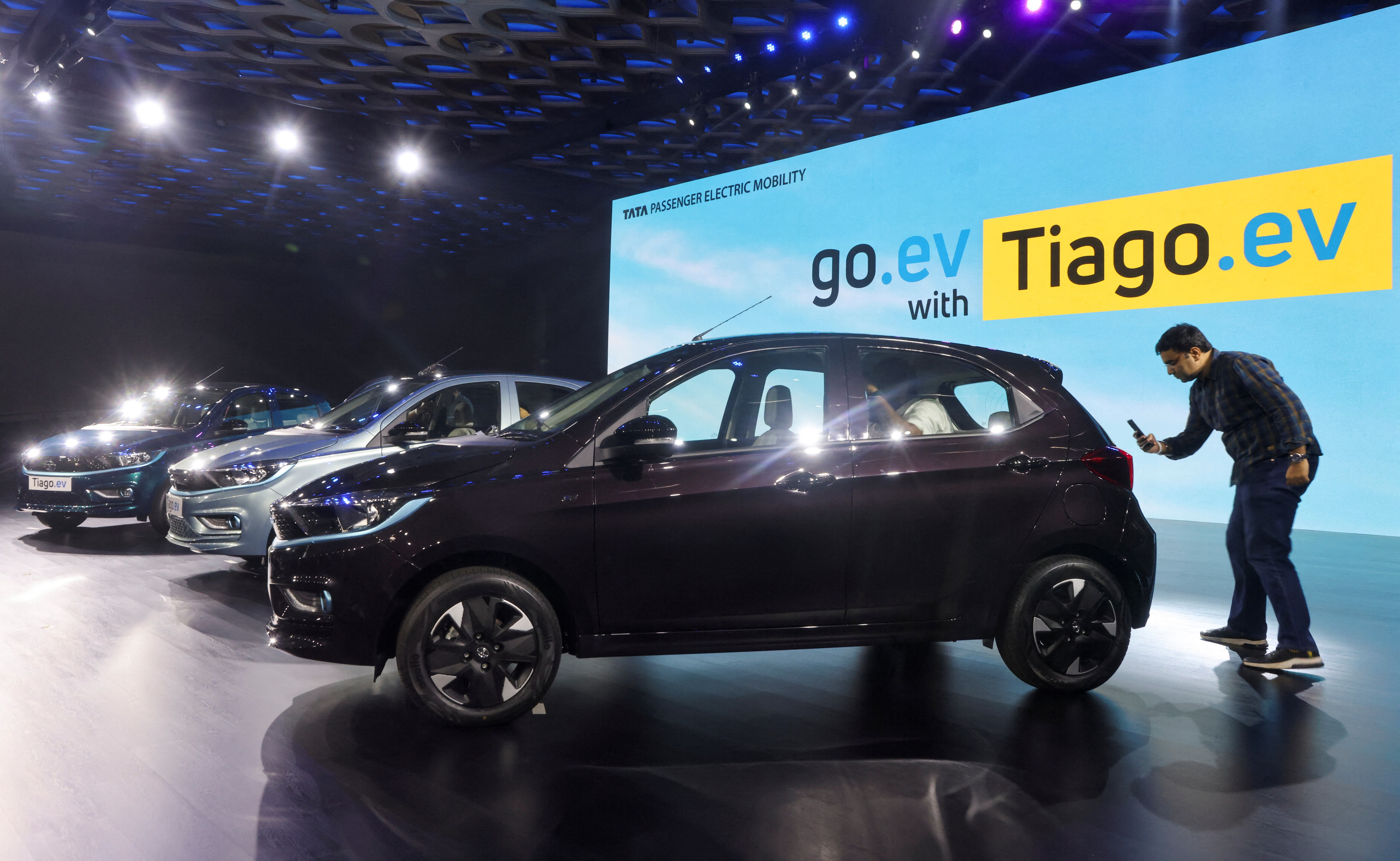 The Tata Tiago EV electric hatchback was unveiled during a global launch event in Mumbai