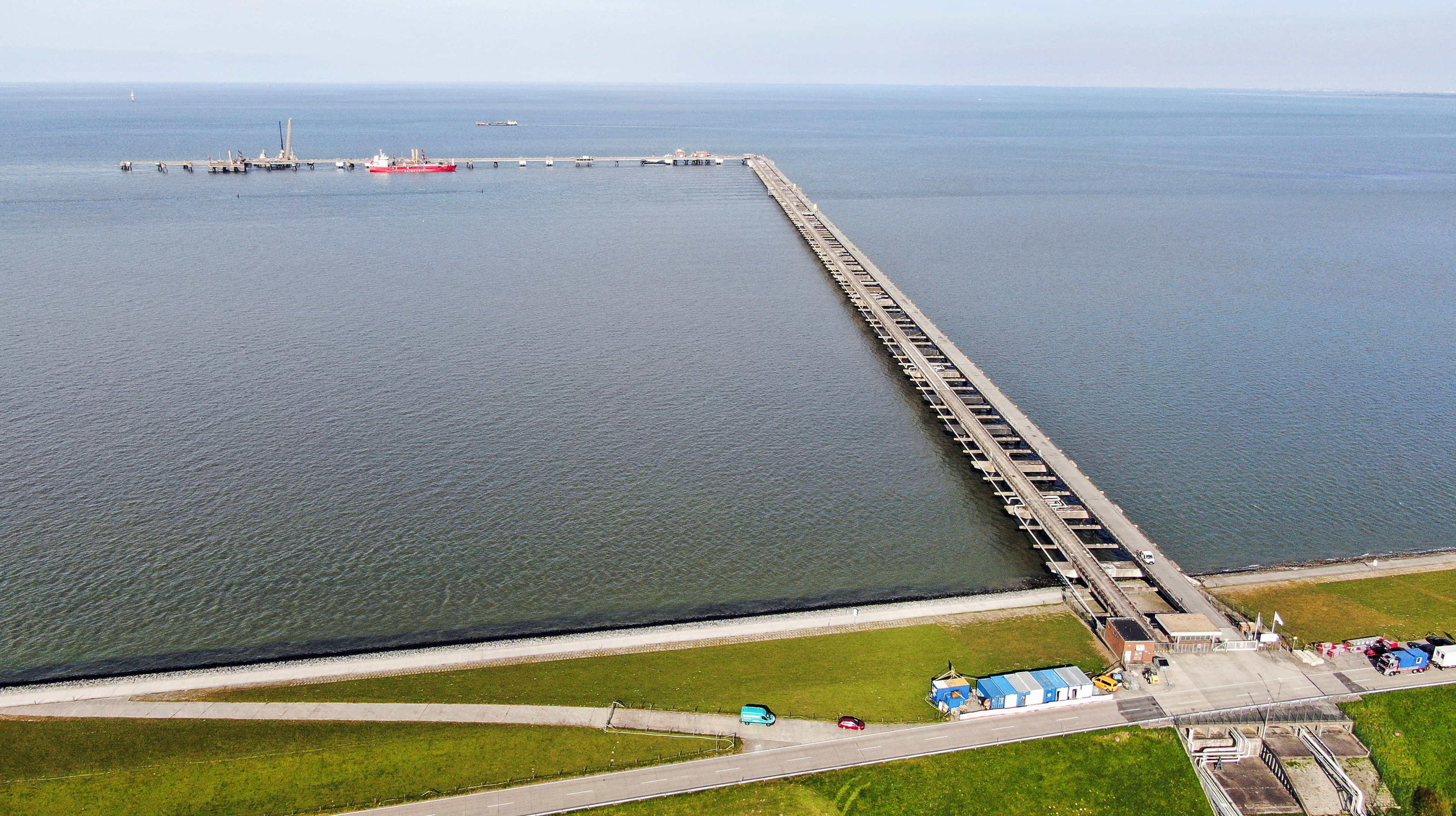 Aerial view of a pier for a planned floating LNG terminal in the harbour, in Wilhelmshaven