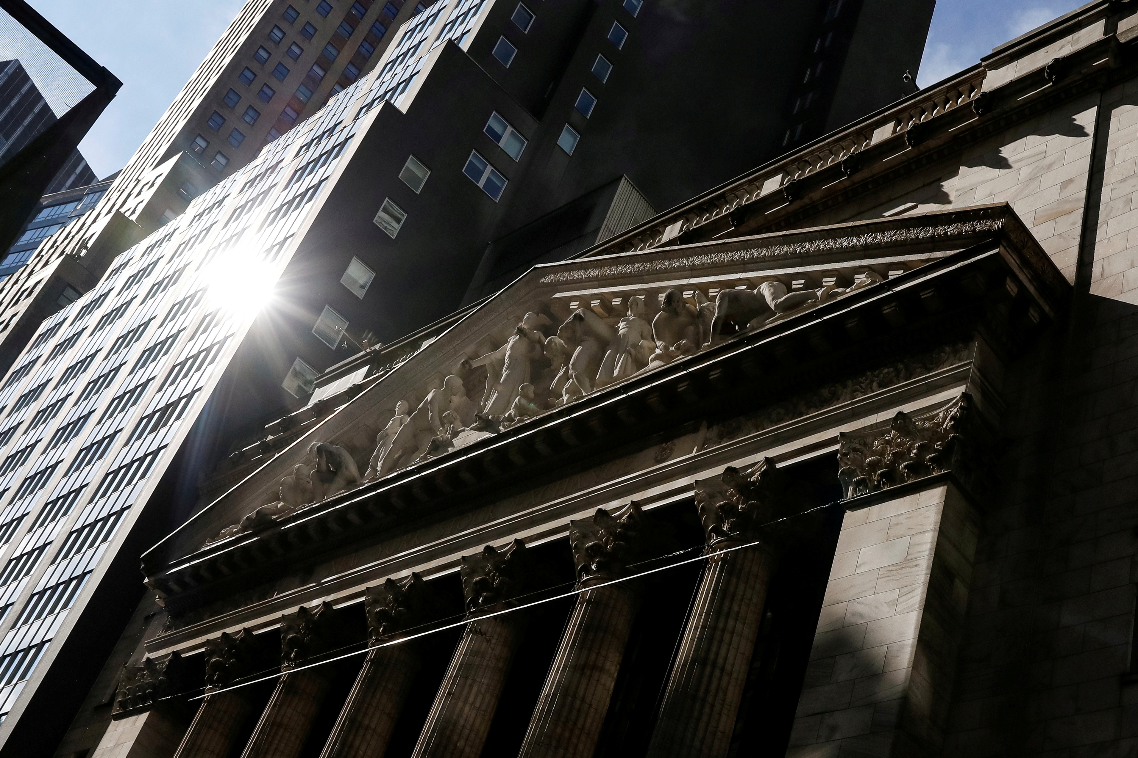 The front facade of the NYSE is seen in New York