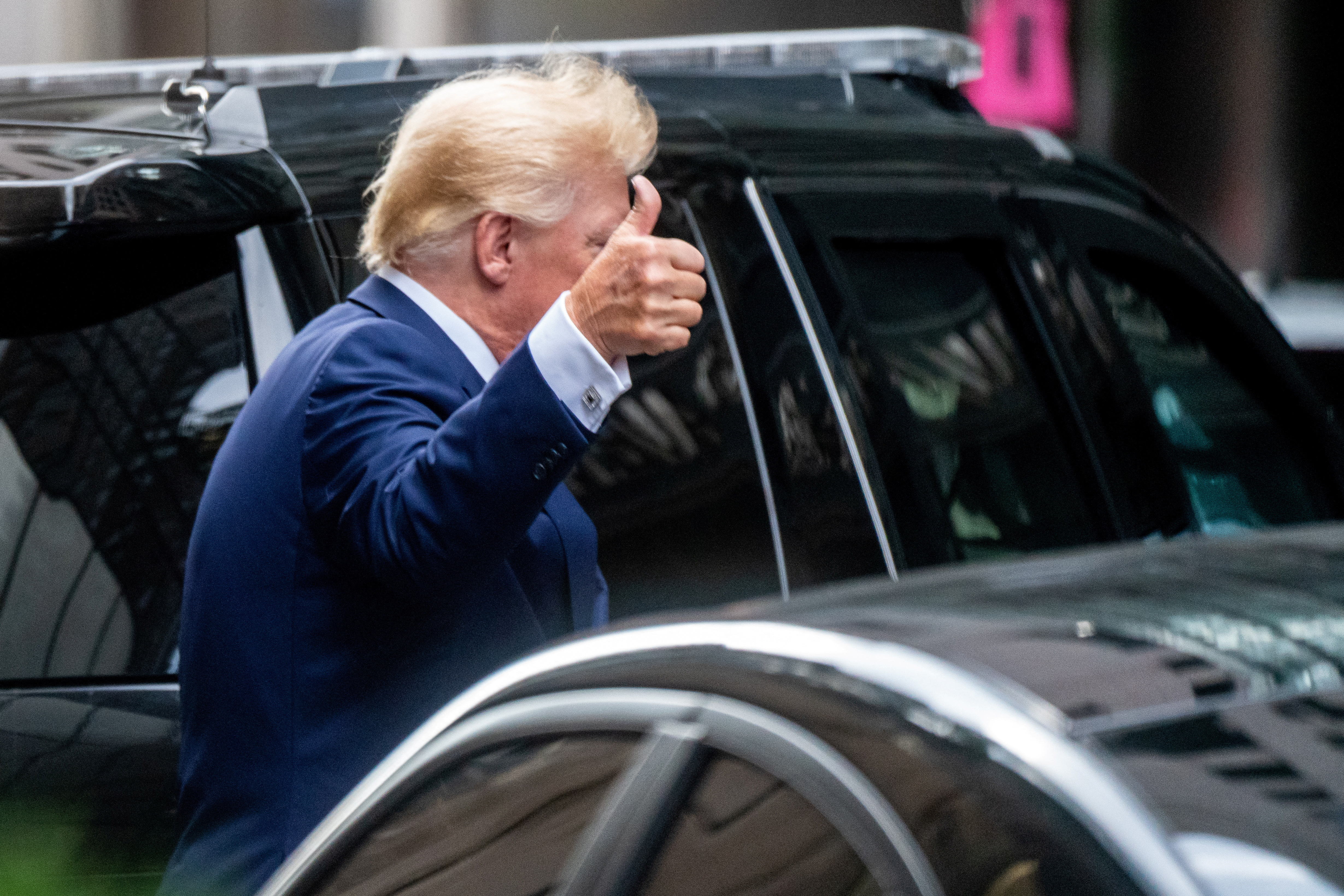 Former U.S. President Donald Trump departs Trump Tower for a deposition two days after FBI agents raided his Mar-a-Lago Palm Beach home